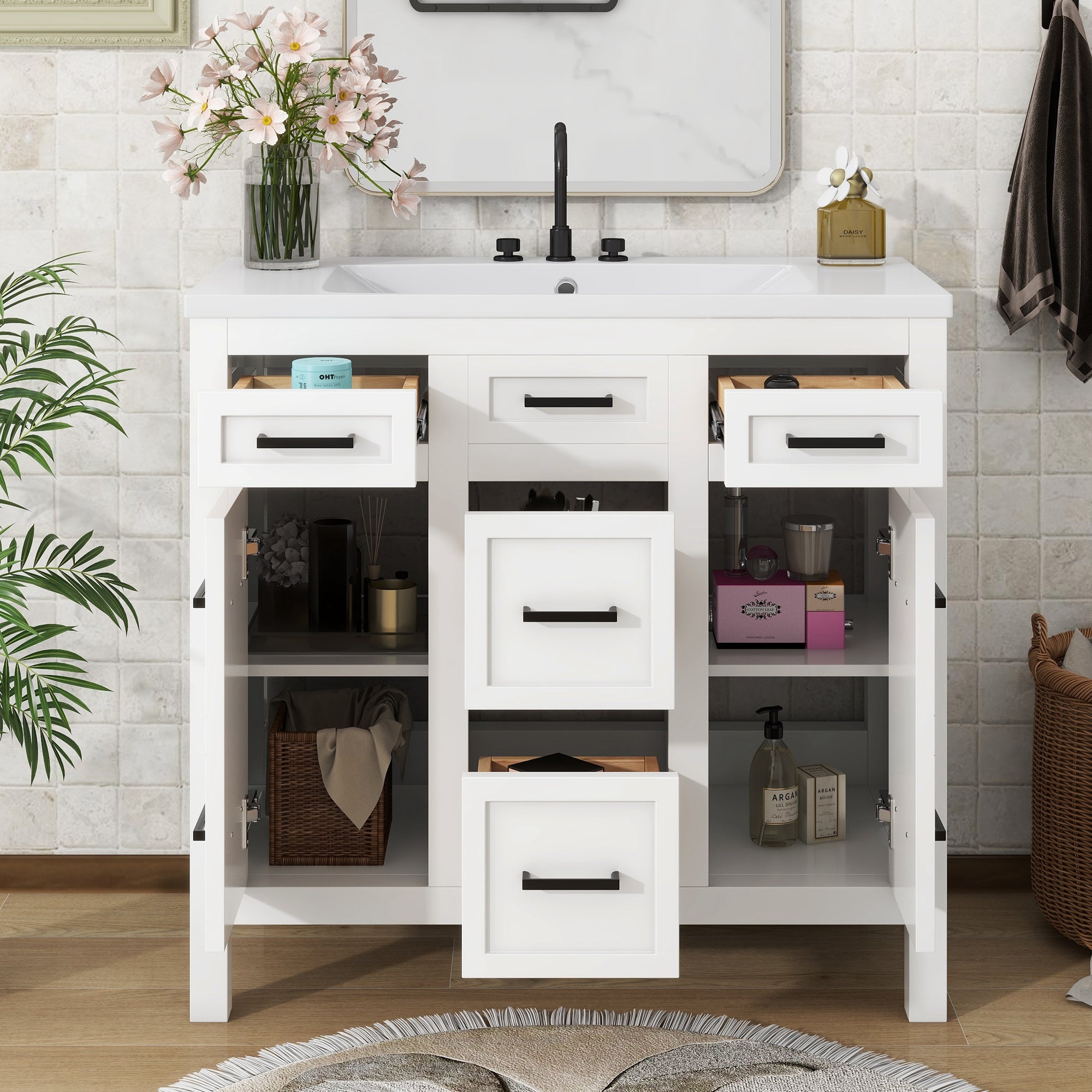 36 inch Freestanding Bathroom Vanity Set in White with Integrated Resin Sink