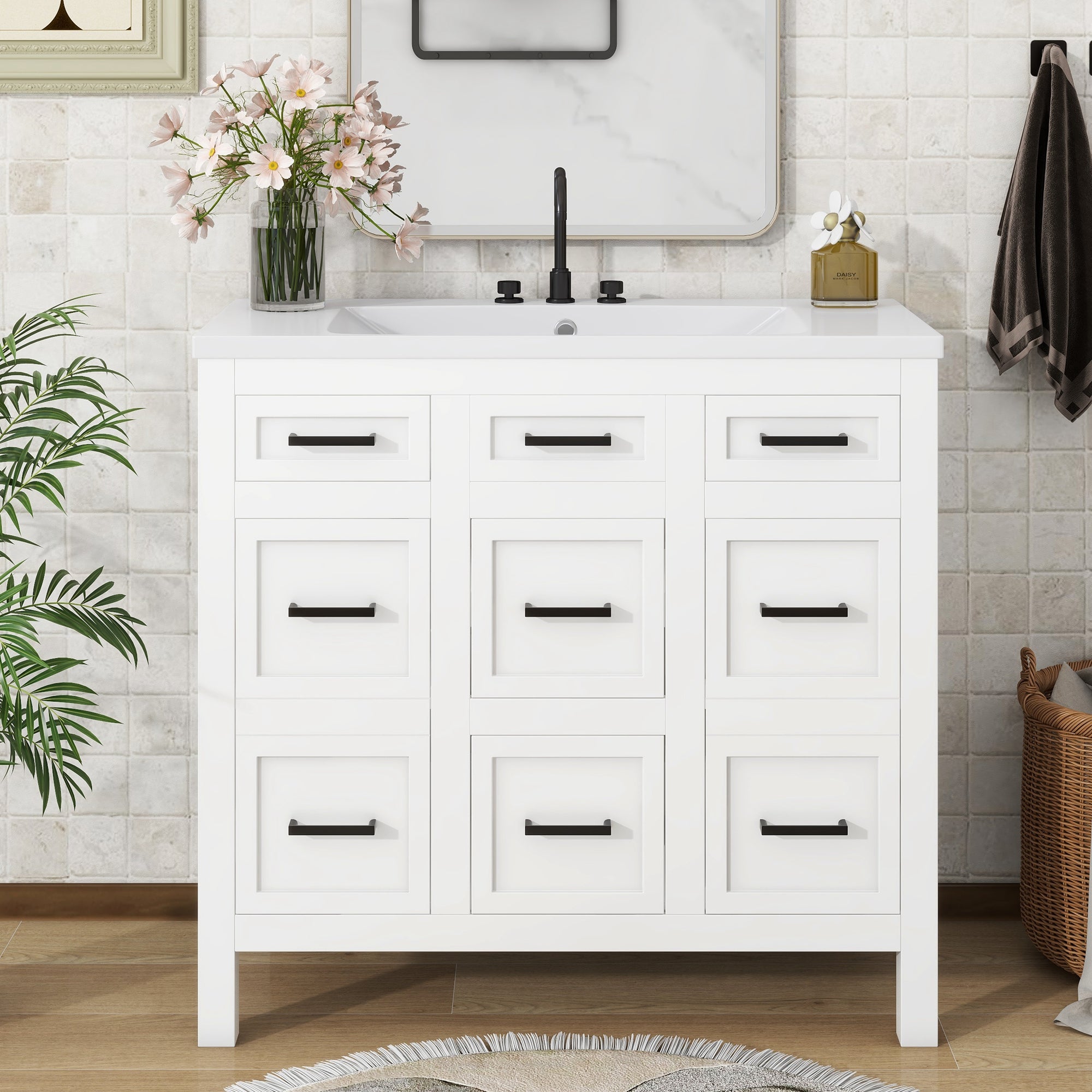 36 inch Freestanding Bathroom Vanity Set in White with Integrated Resin Sink