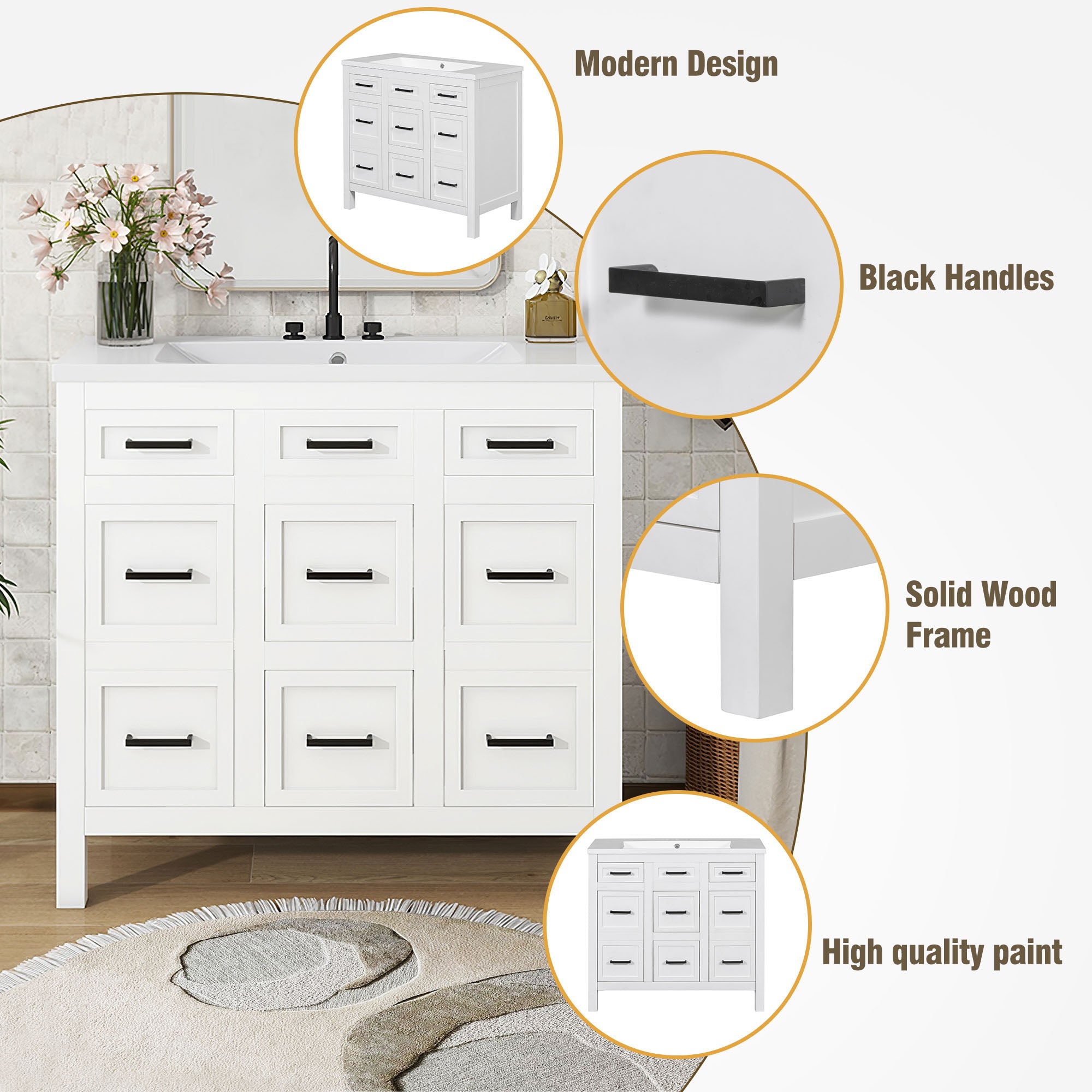 36 inch Freestanding Bathroom Vanity Set in White with Integrated Resin Sink