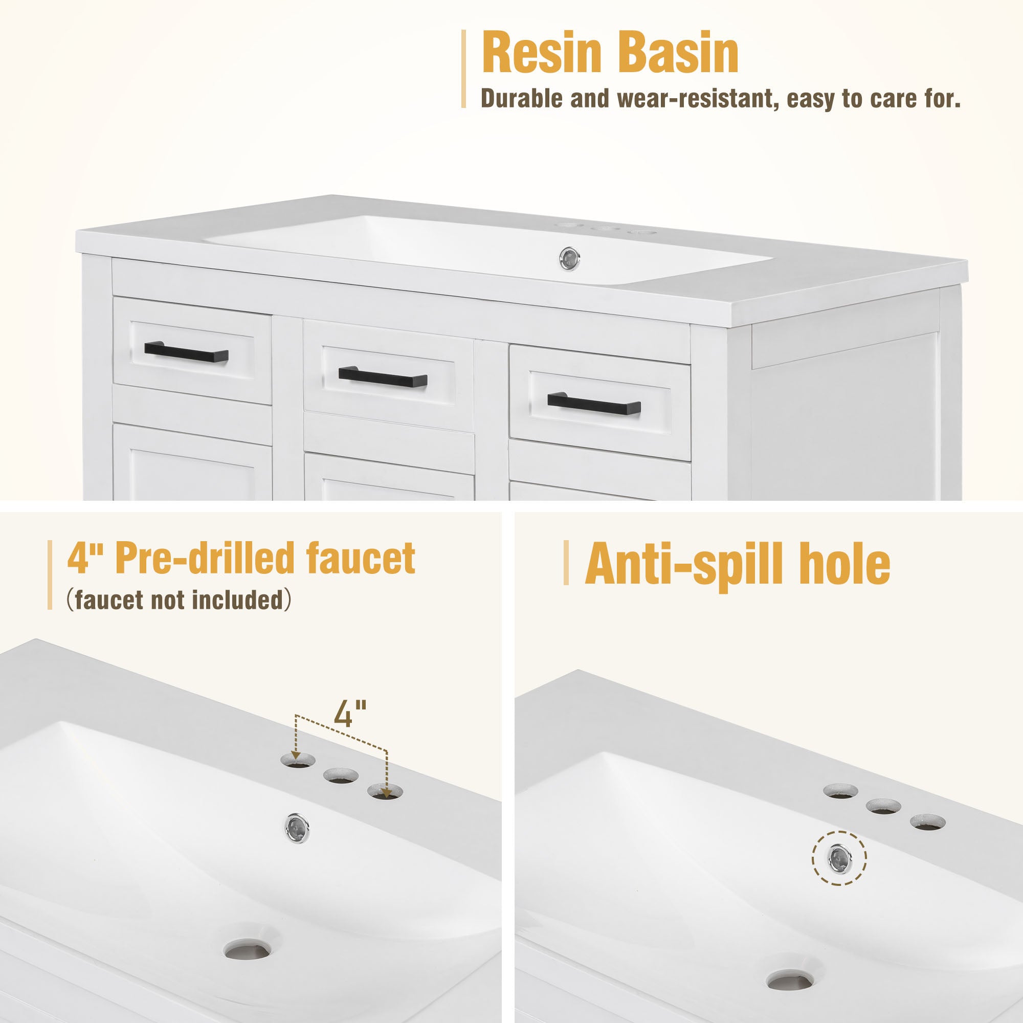 36 inch Freestanding Bathroom Vanity Set in White with Integrated Resin Sink