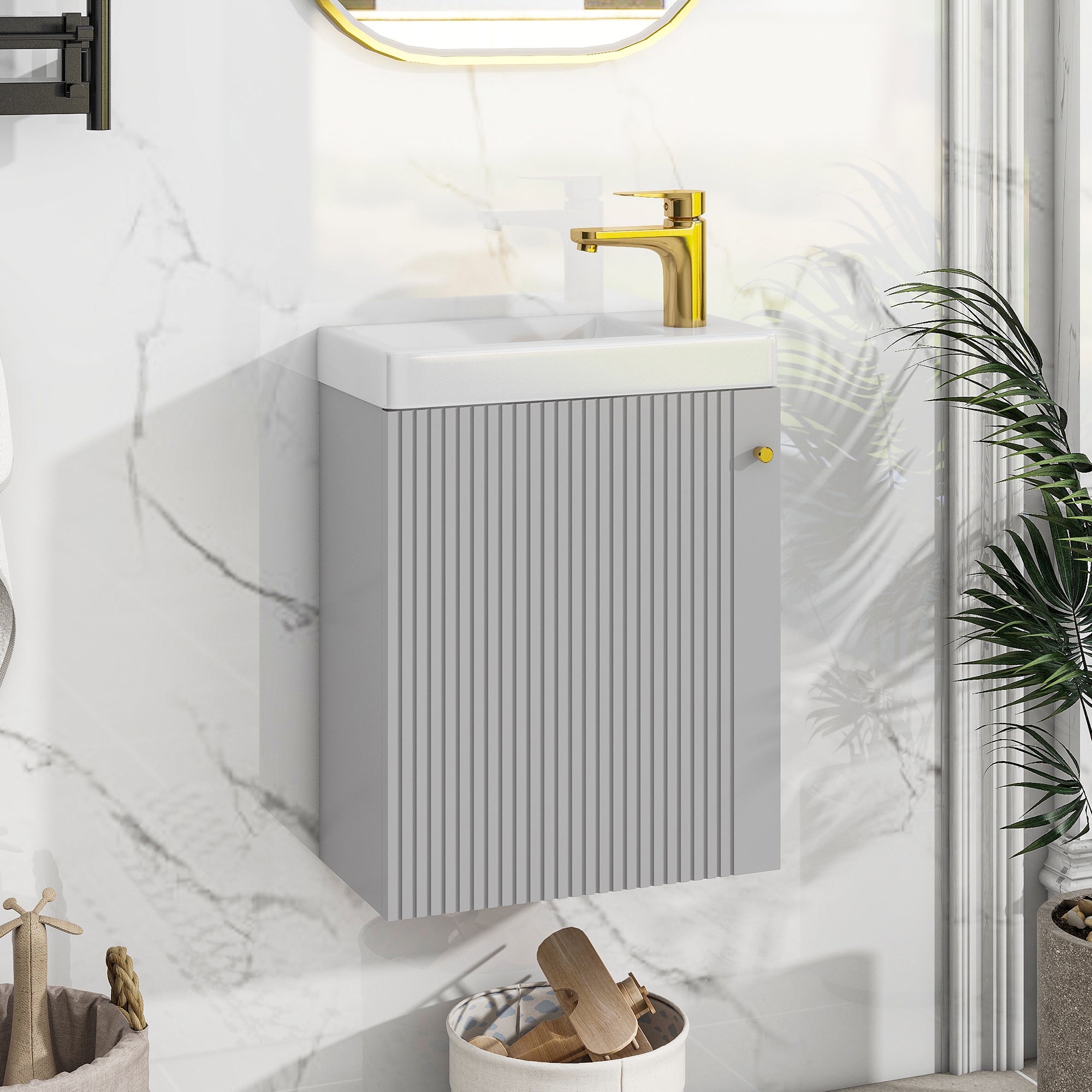 16 inch Wall-mounted Bathroom Vanity Set with Integrated Ceramic Sink