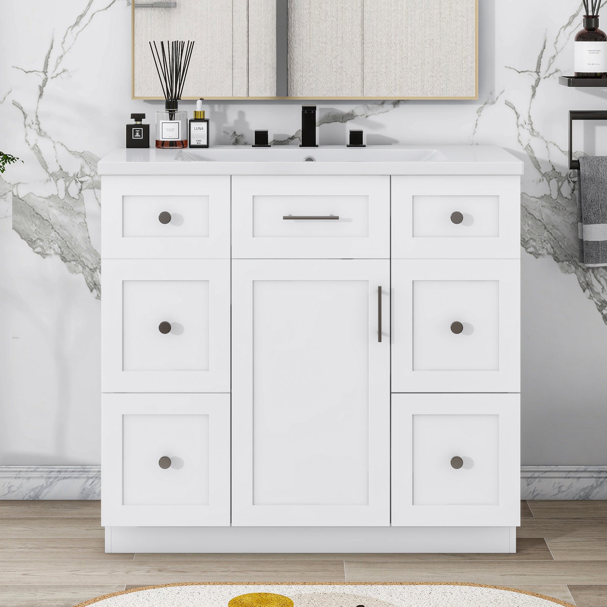 36 inch Freestanding Bathroom Vanity Set in White with Integrated Resin Sink