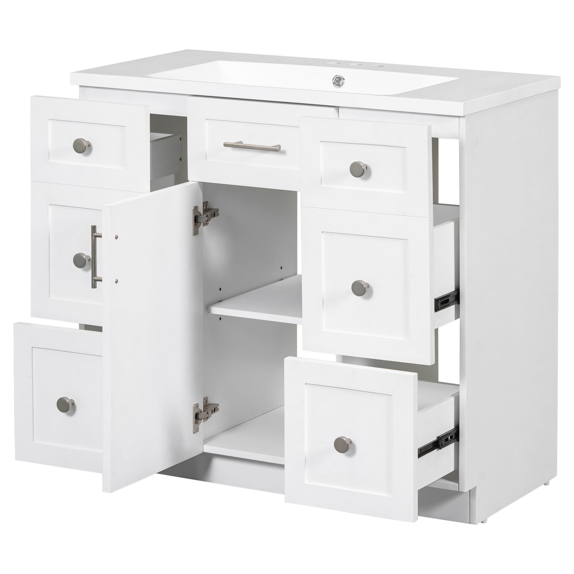 36 inch Freestanding Bathroom Vanity Set in White with Integrated Resin Sink