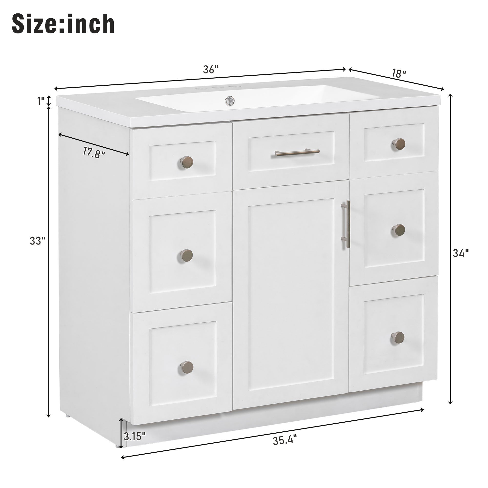 36 inch Freestanding Bathroom Vanity Set in White with Integrated Resin Sink