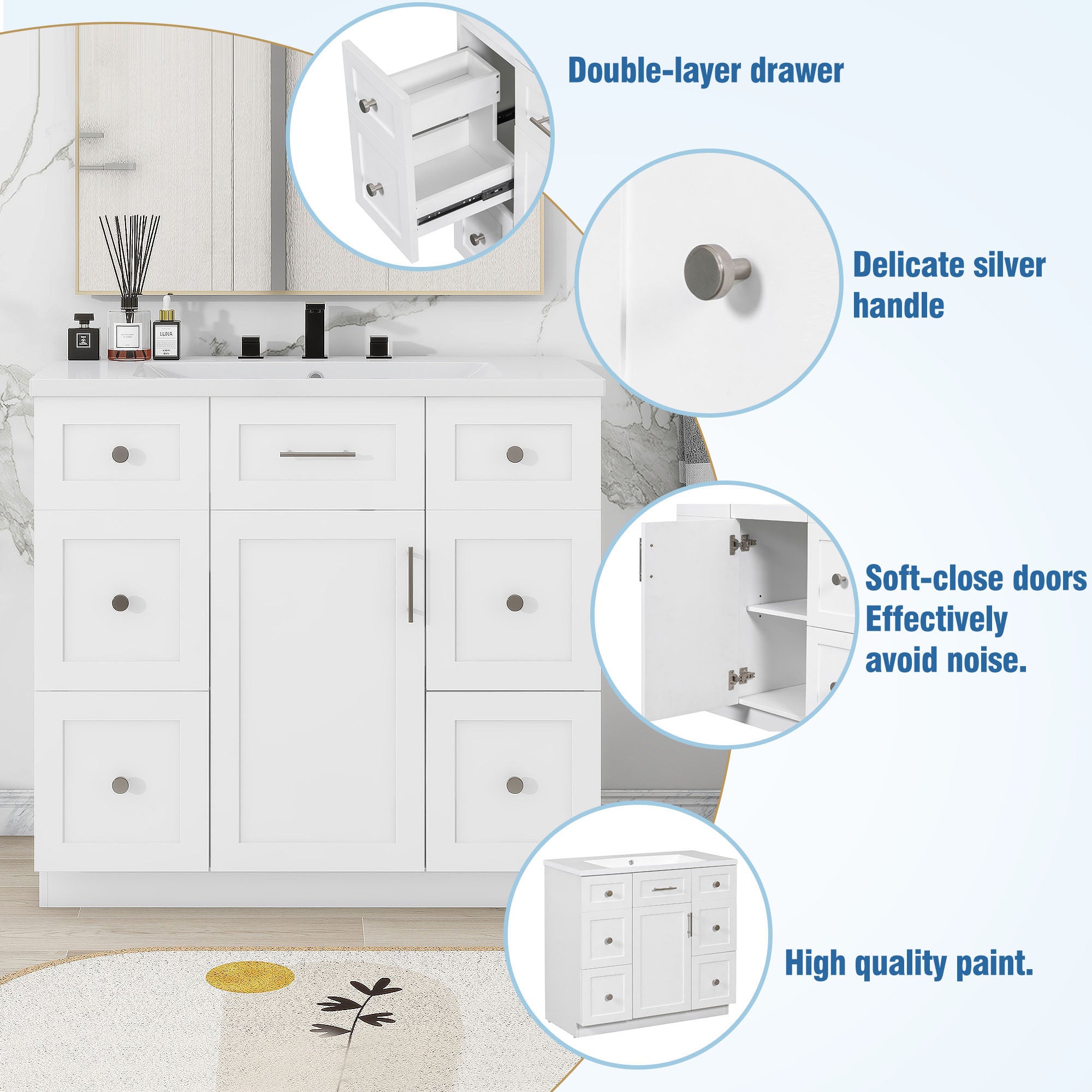36 inch Freestanding Bathroom Vanity Set in White with Integrated Resin Sink
