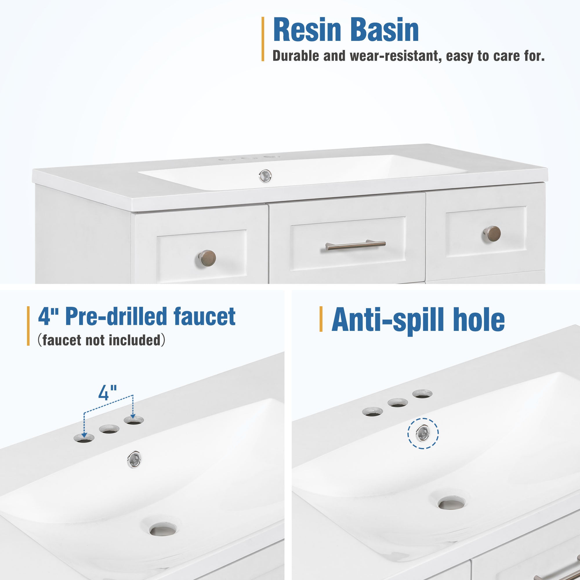 36 inch Freestanding Bathroom Vanity Set in White with Integrated Resin Sink