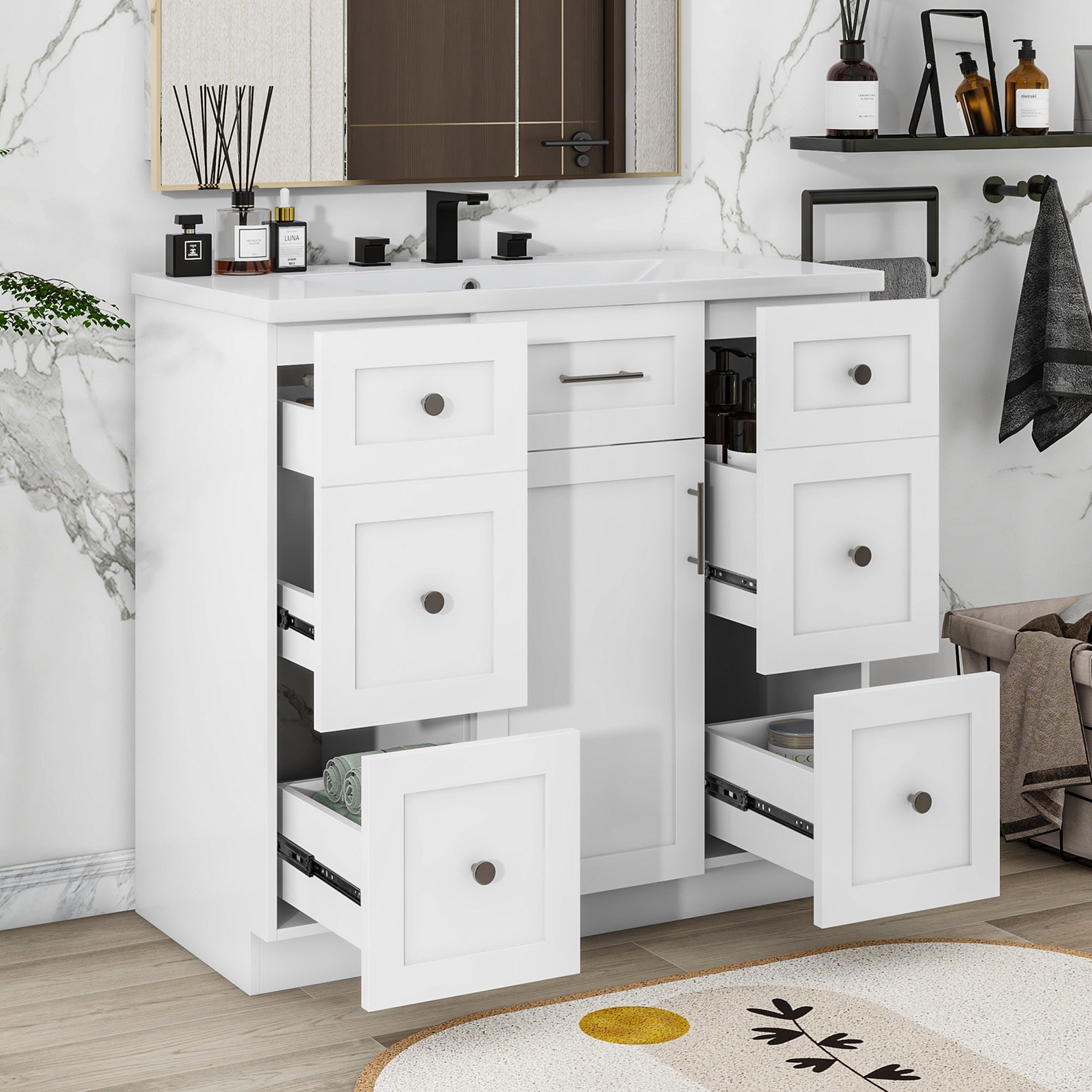 36 inch Freestanding Bathroom Vanity Set in White with Integrated Resin Sink