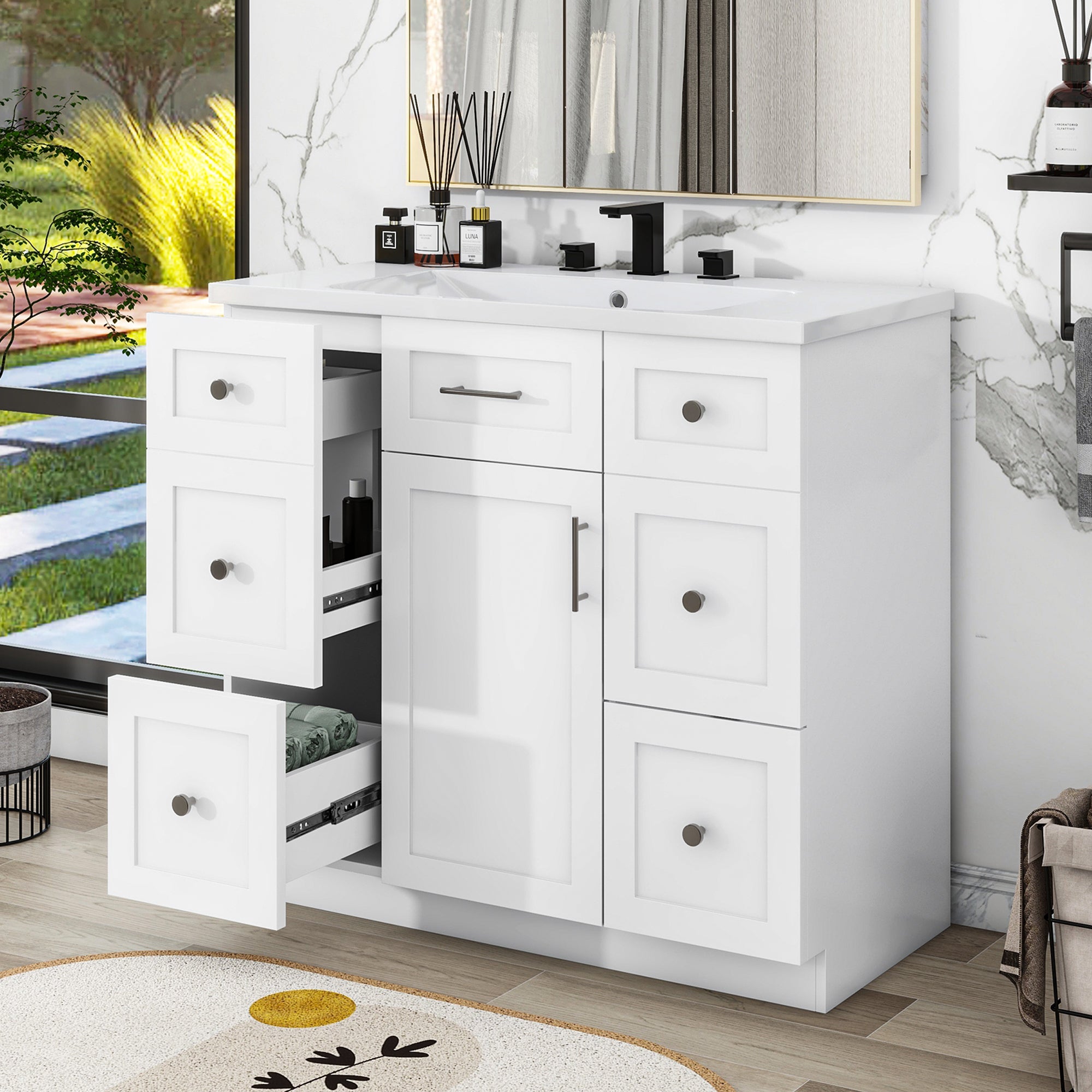 36 inch Freestanding Bathroom Vanity Set in White with Integrated Resin Sink