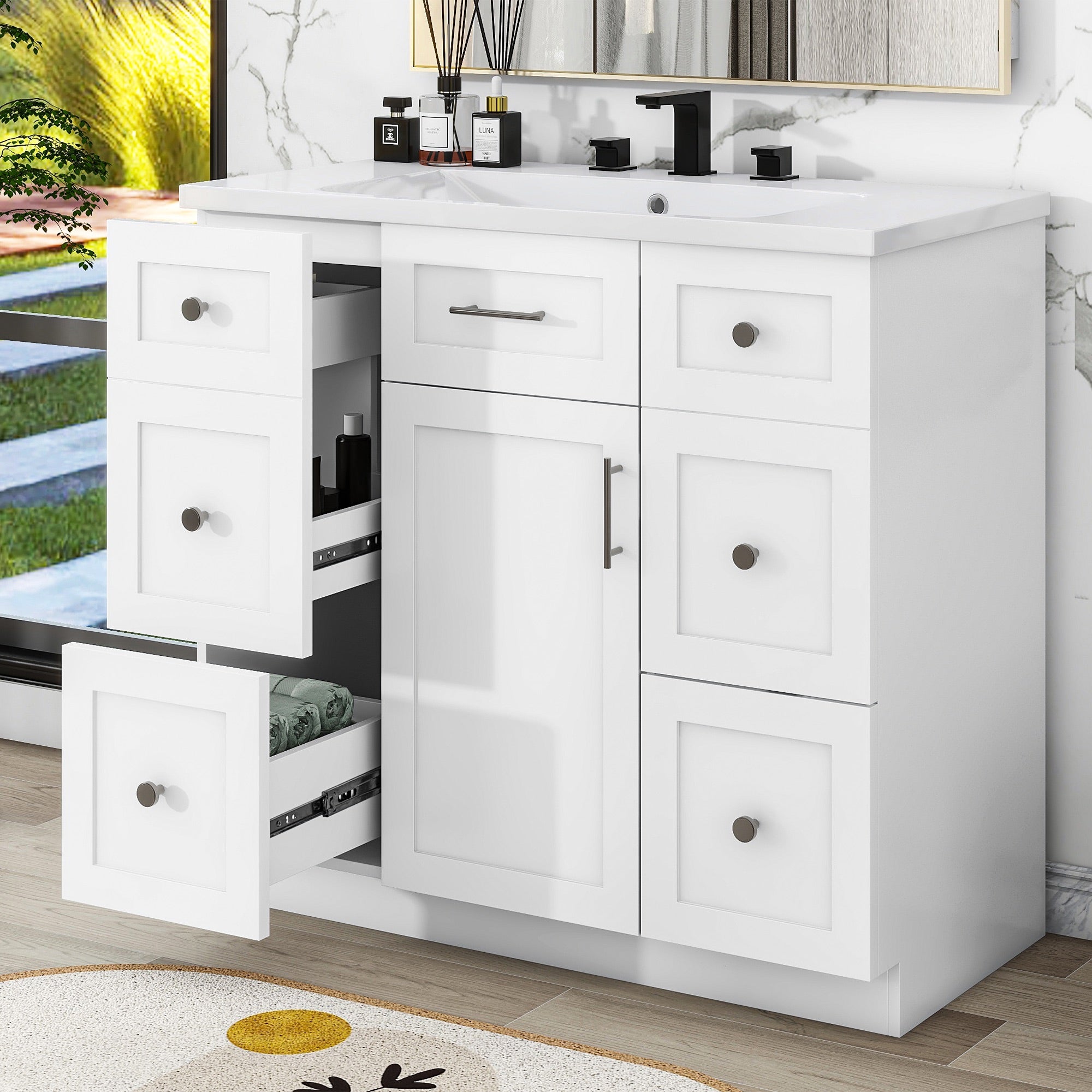 36 inch Freestanding Bathroom Vanity Set in White with Integrated Resin Sink