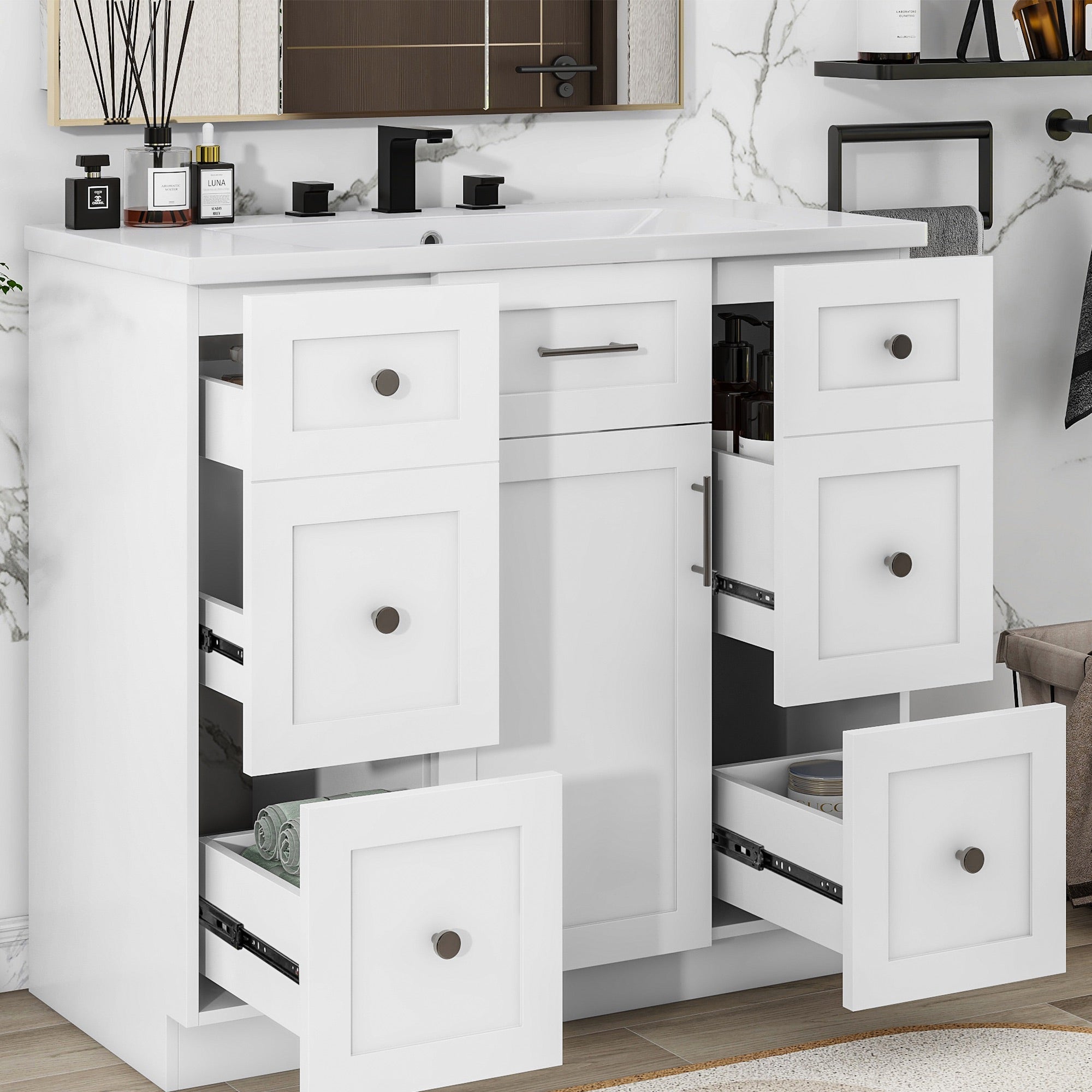 36 inch Freestanding Bathroom Vanity Set in White with Integrated Resin Sink