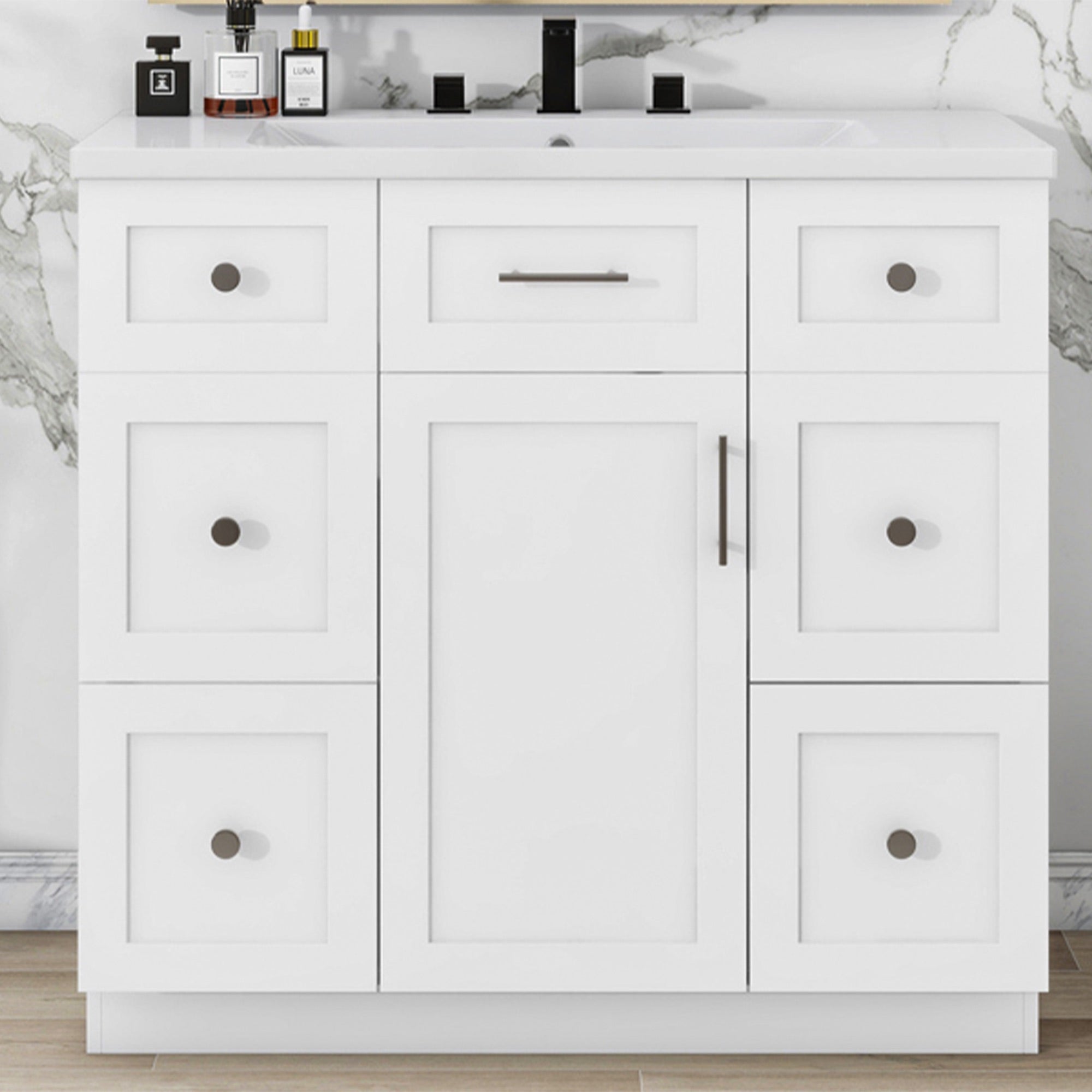 36 inch Freestanding Bathroom Vanity Set in White with Integrated Resin Sink