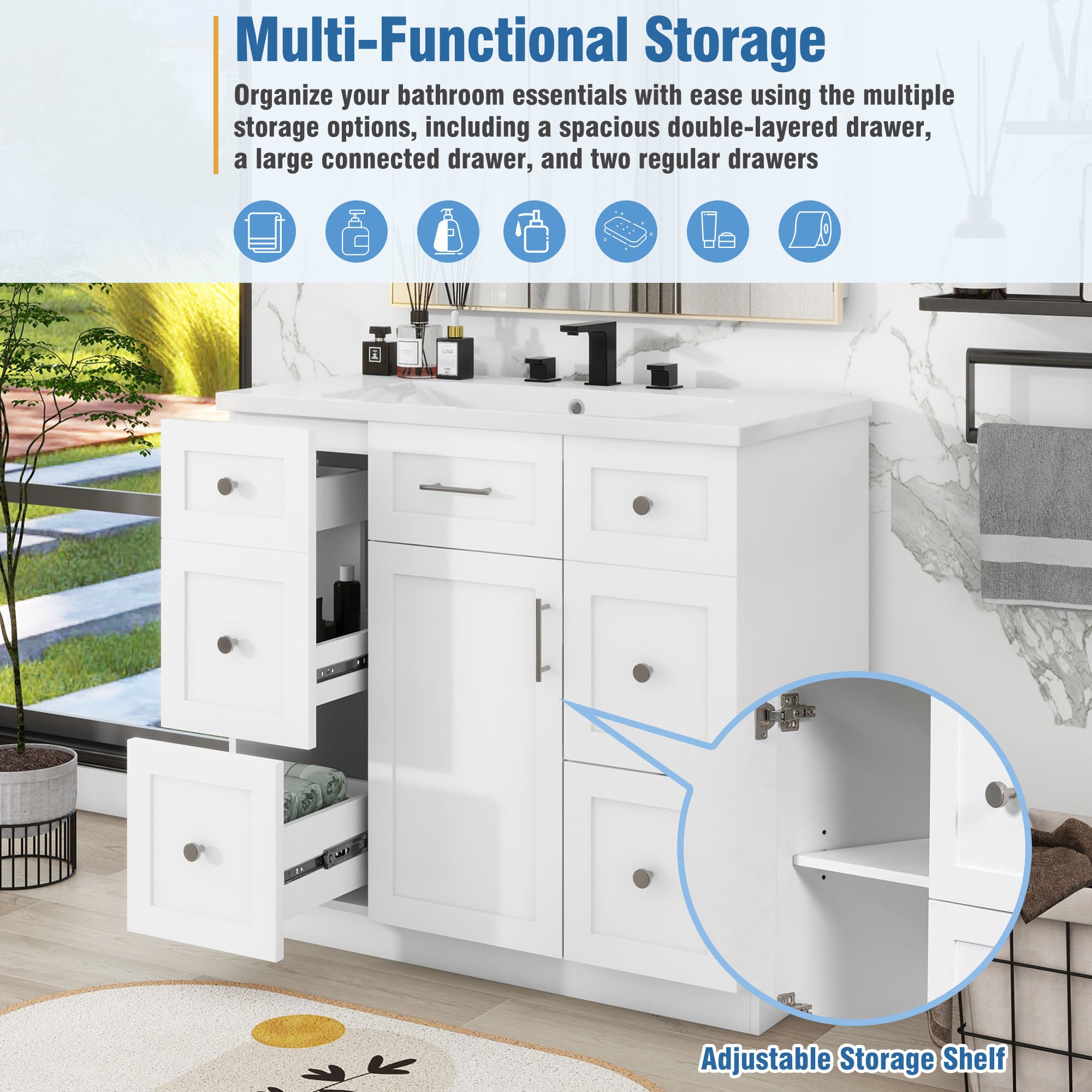 36 inch Freestanding Bathroom Vanity Set in White with Integrated Resin Sink
