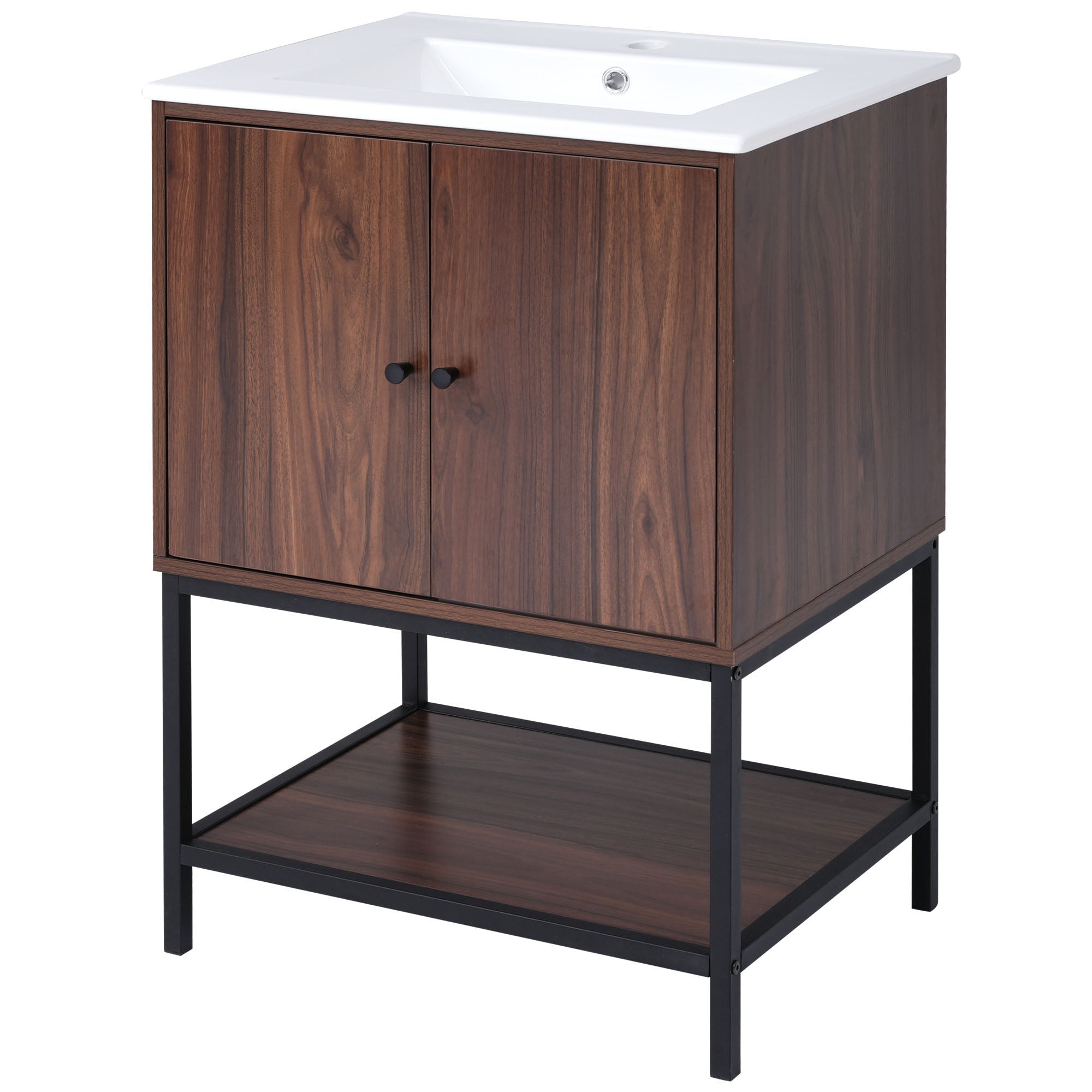 24 inch Freestanding Bathroom Vanity Set in Walnut with Integrated Ceramic Sink