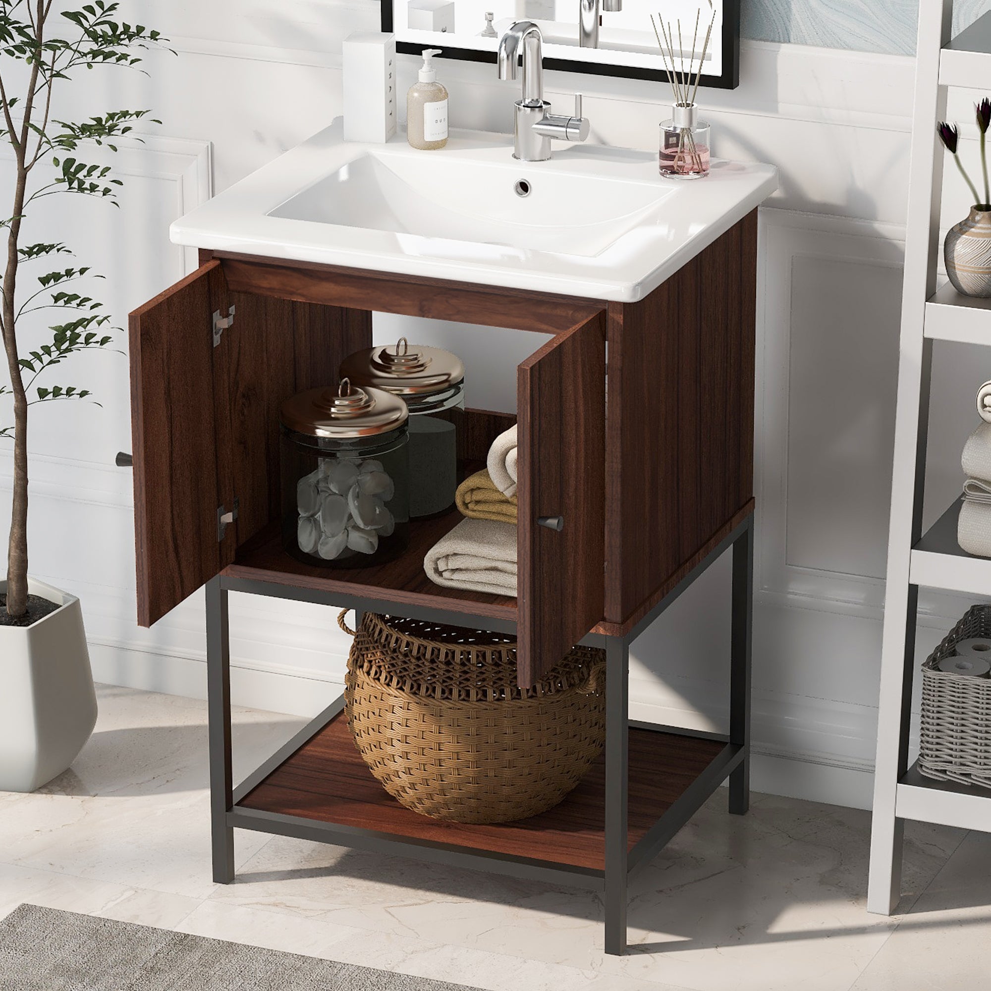24 inch Freestanding Bathroom Vanity Set in Walnut with Integrated Ceramic Sink