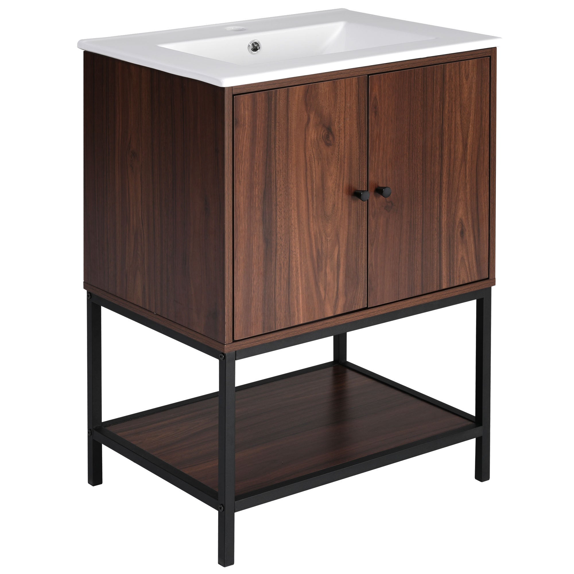 24 inch Freestanding Bathroom Vanity Set in Walnut with Integrated Ceramic Sink
