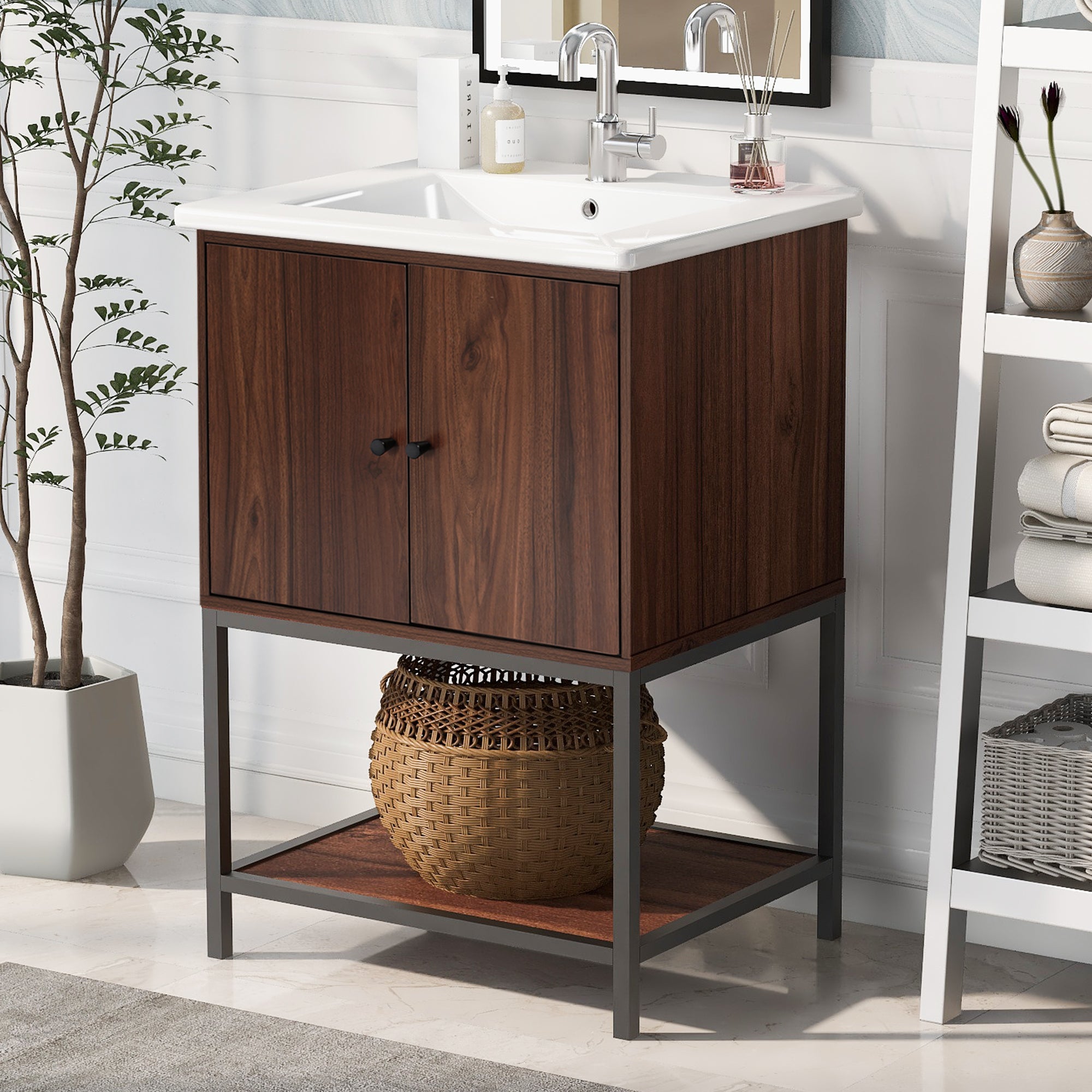 24 inch Freestanding Bathroom Vanity Set in Walnut with Integrated Ceramic Sink