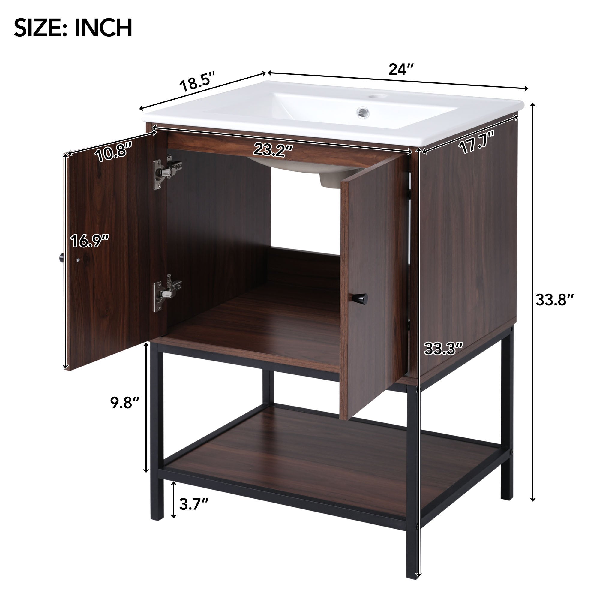 24 inch Freestanding Bathroom Vanity Set in Walnut with Integrated Ceramic Sink