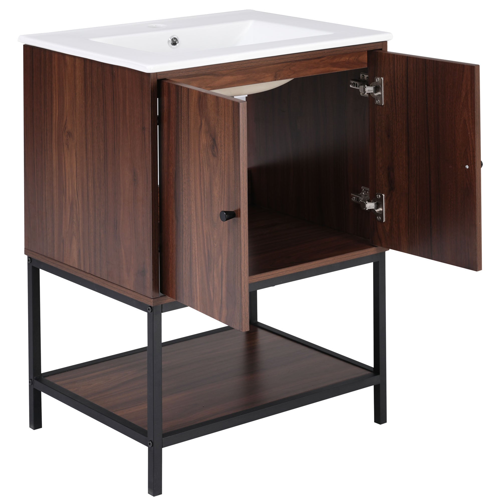 24 inch Freestanding Bathroom Vanity Set in Walnut with Integrated Ceramic Sink
