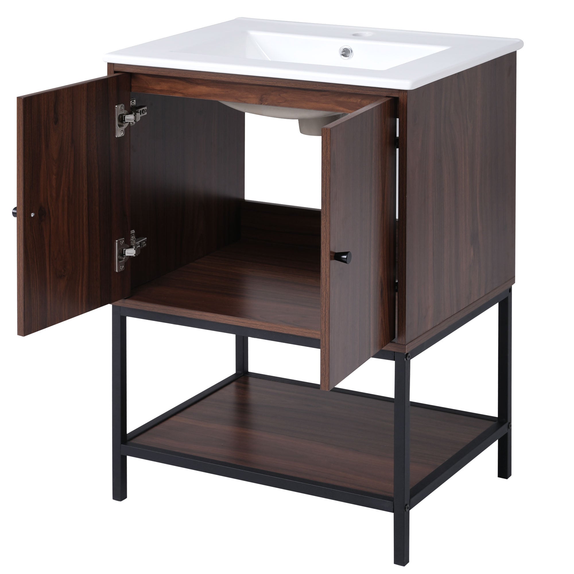 24 inch Freestanding Bathroom Vanity Set in Walnut with Integrated Ceramic Sink