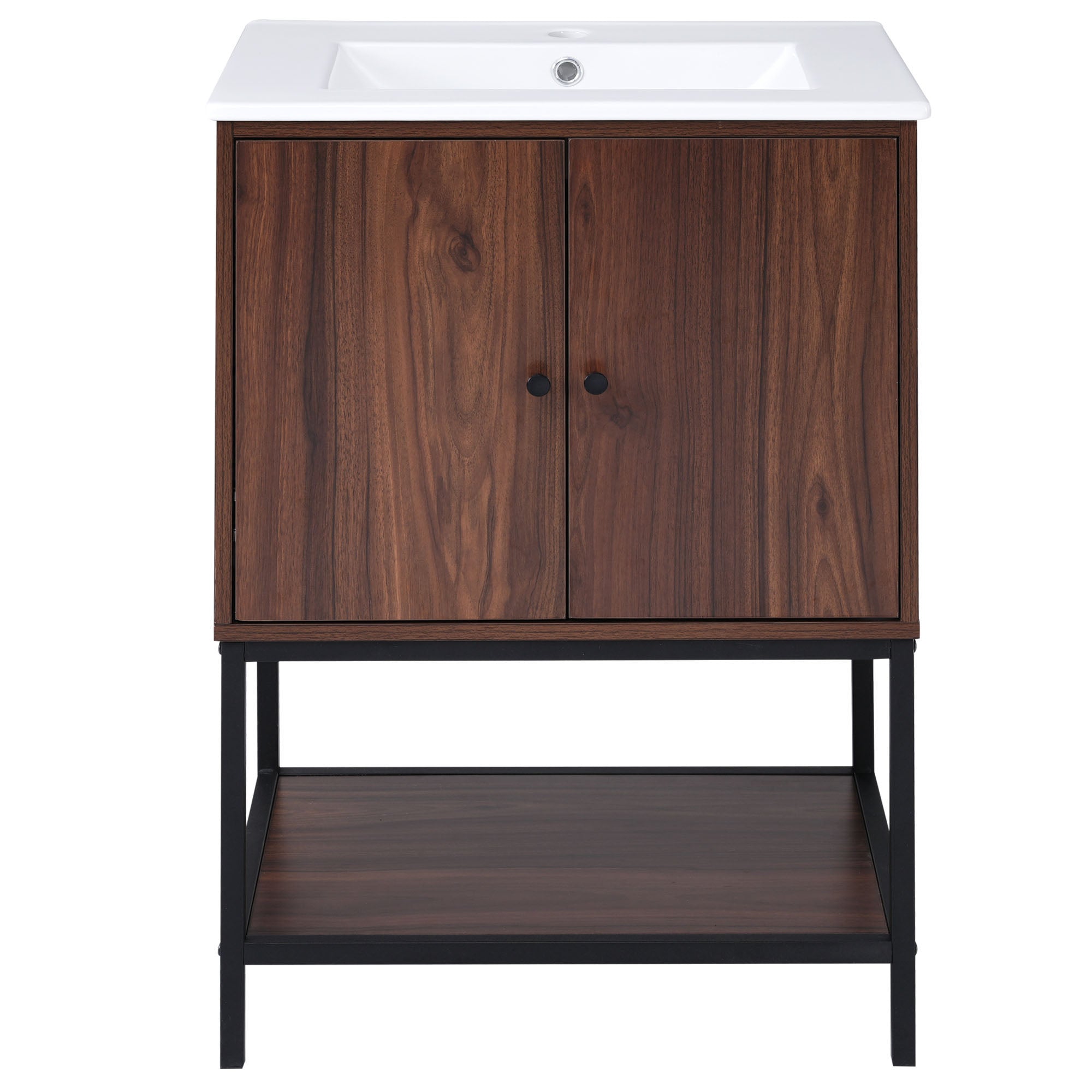 24 inch Freestanding Bathroom Vanity Set in Walnut with Integrated Ceramic Sink
