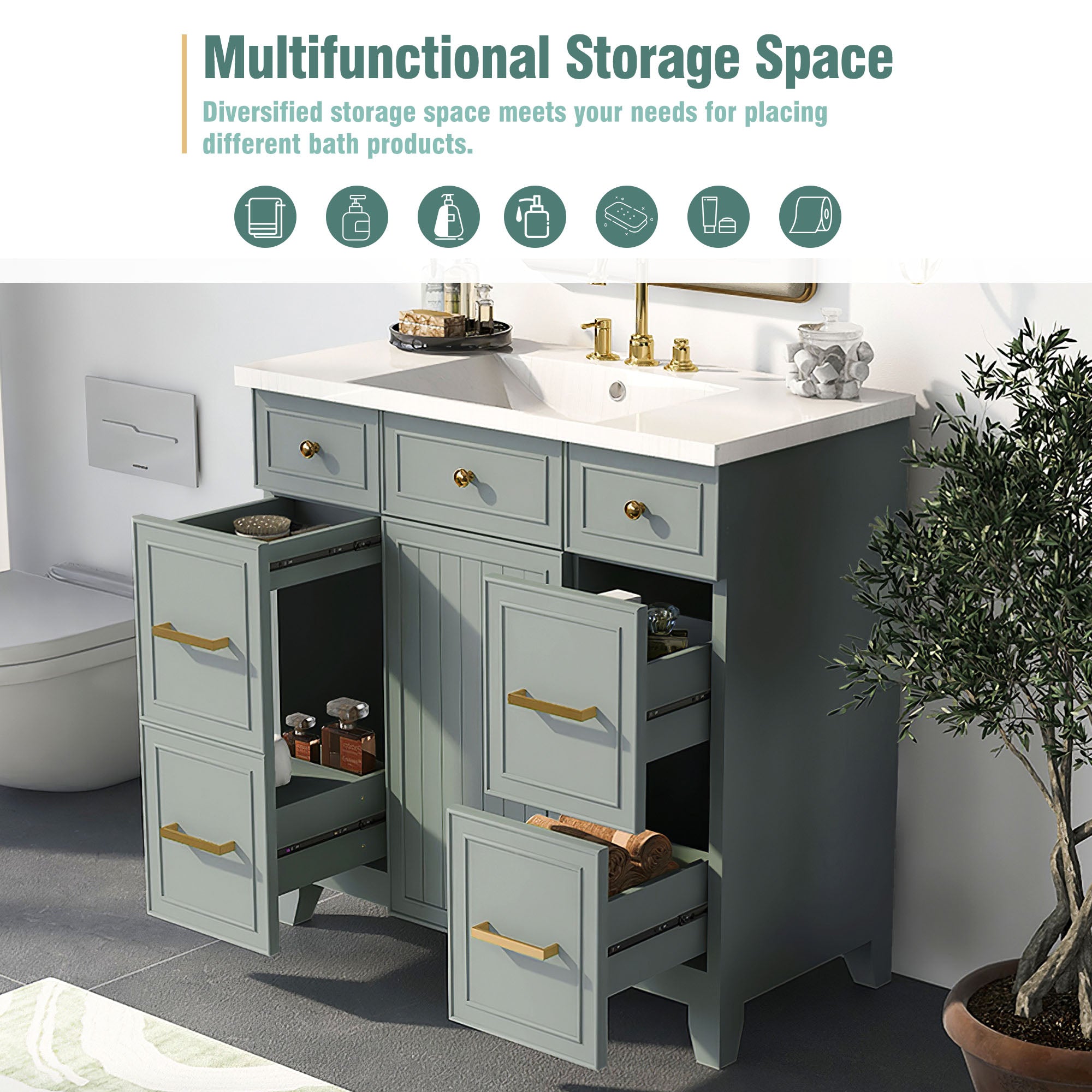 36 Inch Freestanding Bathroom Vanity with White Resin Basin and Door and Drawers