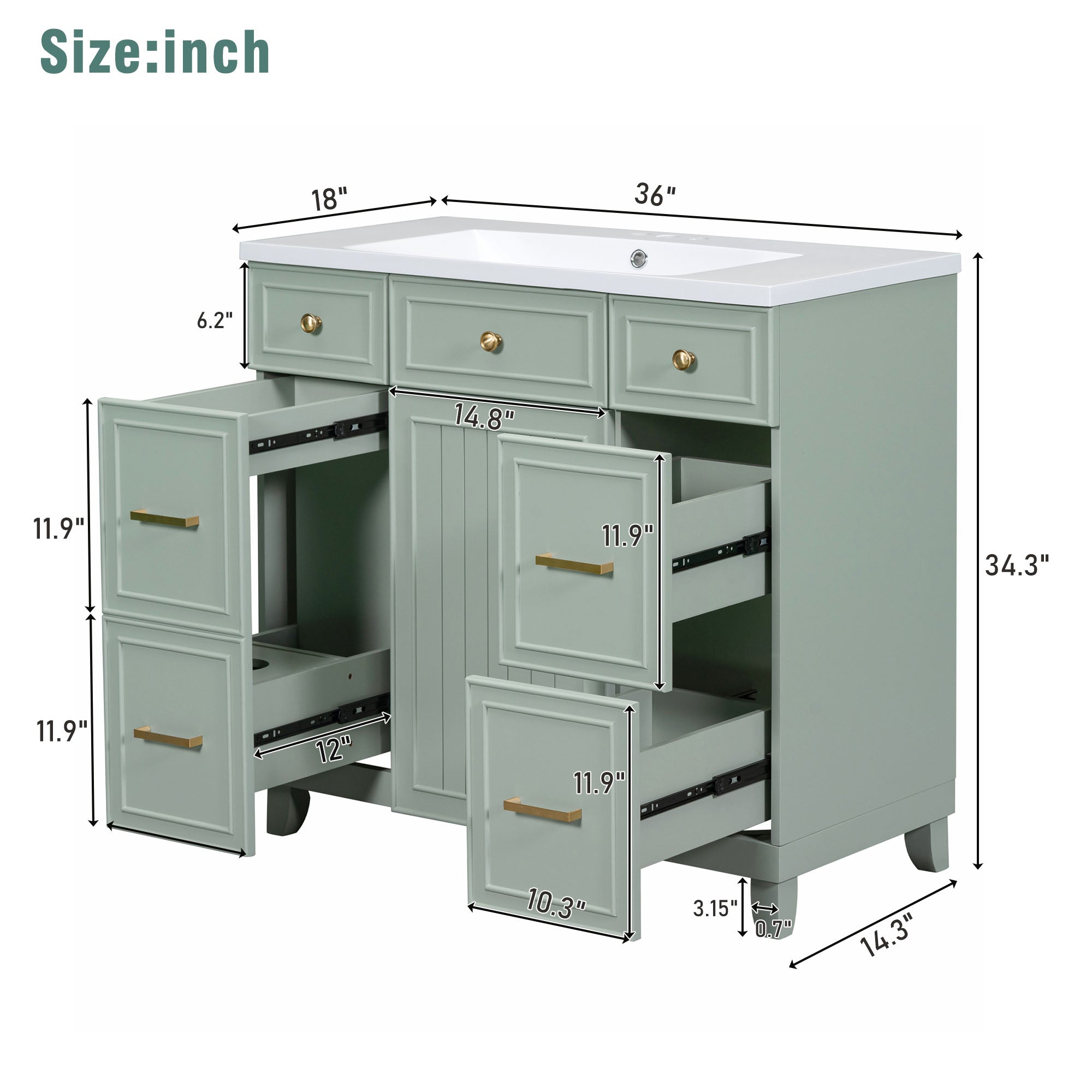 36 Inch Freestanding Bathroom Vanity with White Resin Basin and Door and Drawers