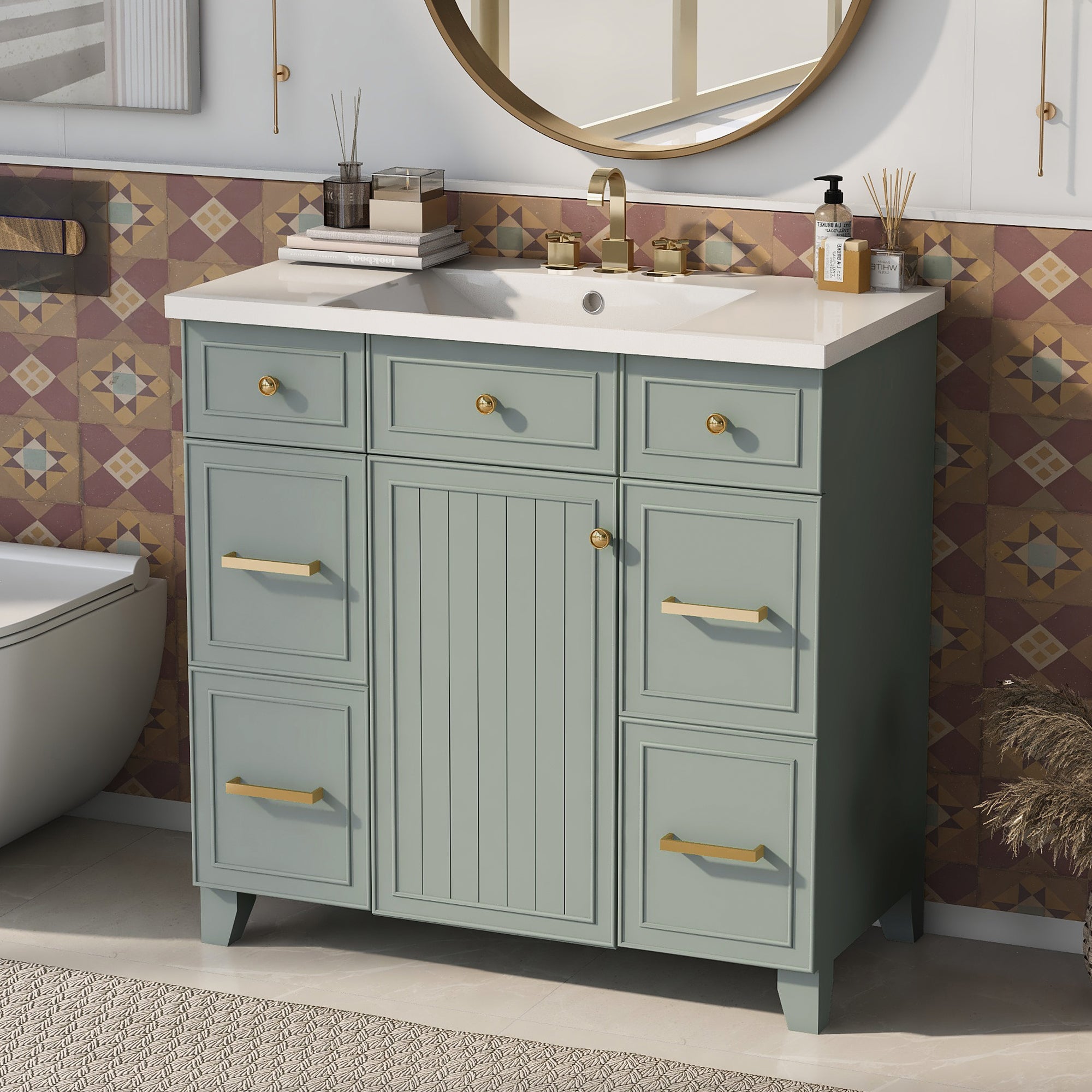 36 inch Freestanding Bath Vanity in Navy Blue with White Resin Top