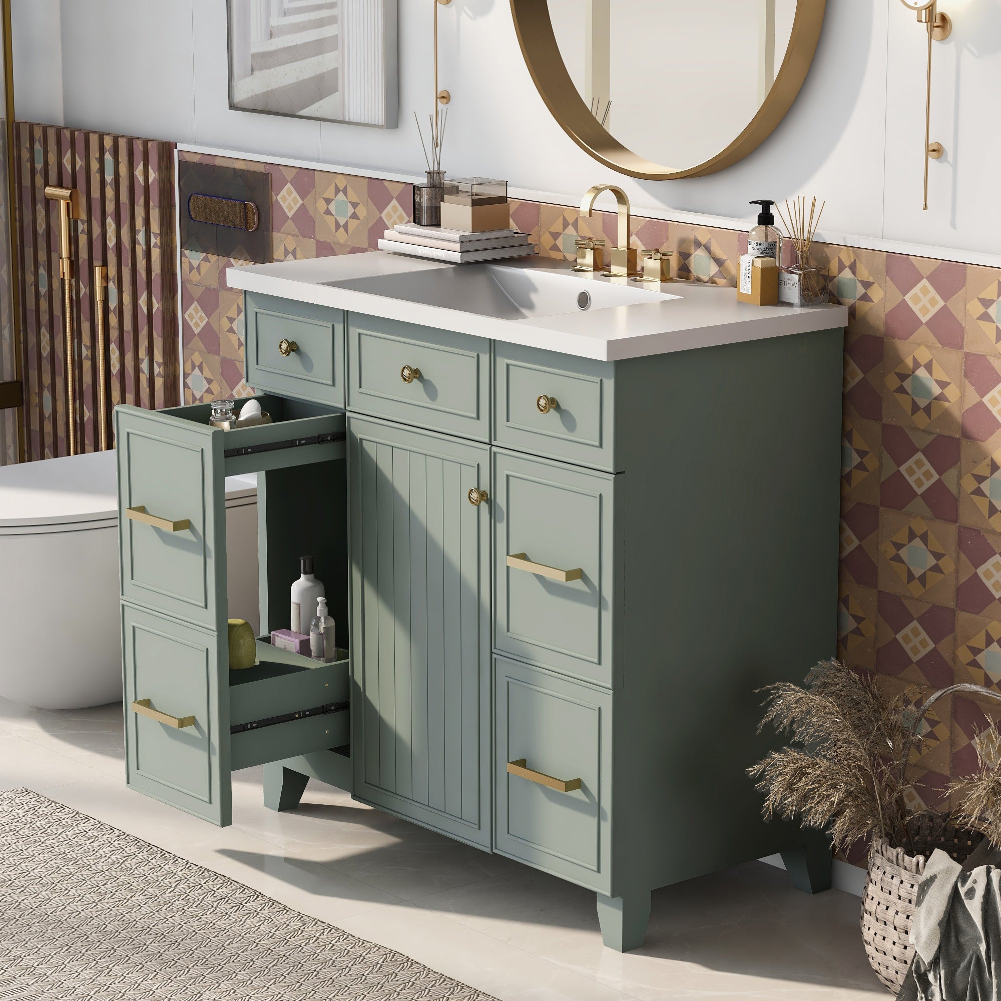 36 inch Freestanding Bath Vanity in Navy Blue with White Resin Top