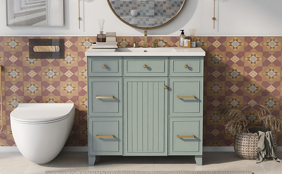 36 inch Freestanding Bath Vanity in Navy Blue with White Resin Top