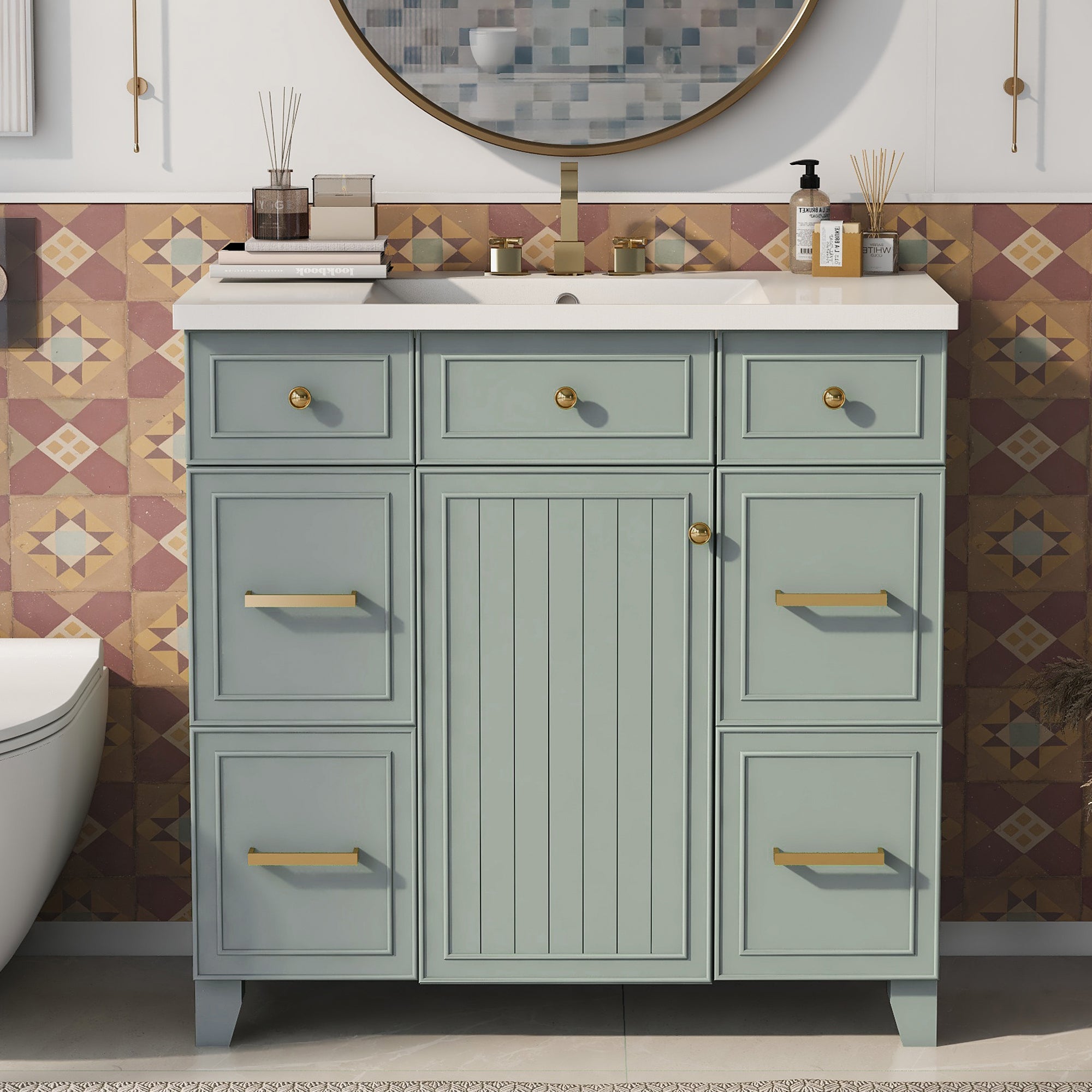 36 inch Freestanding Bath Vanity in Navy Blue with White Resin Top