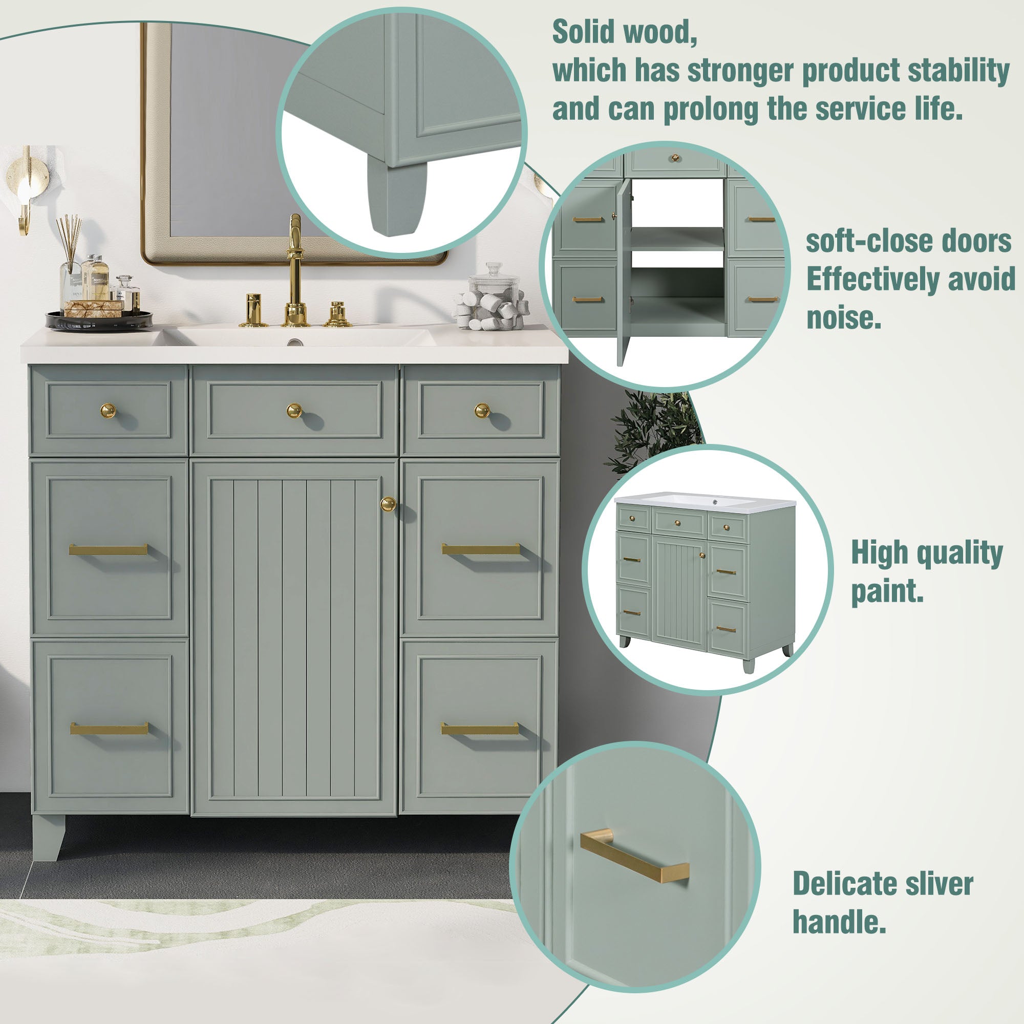 36 Inch Freestanding Bathroom Vanity with White Resin Basin and Door and Drawers