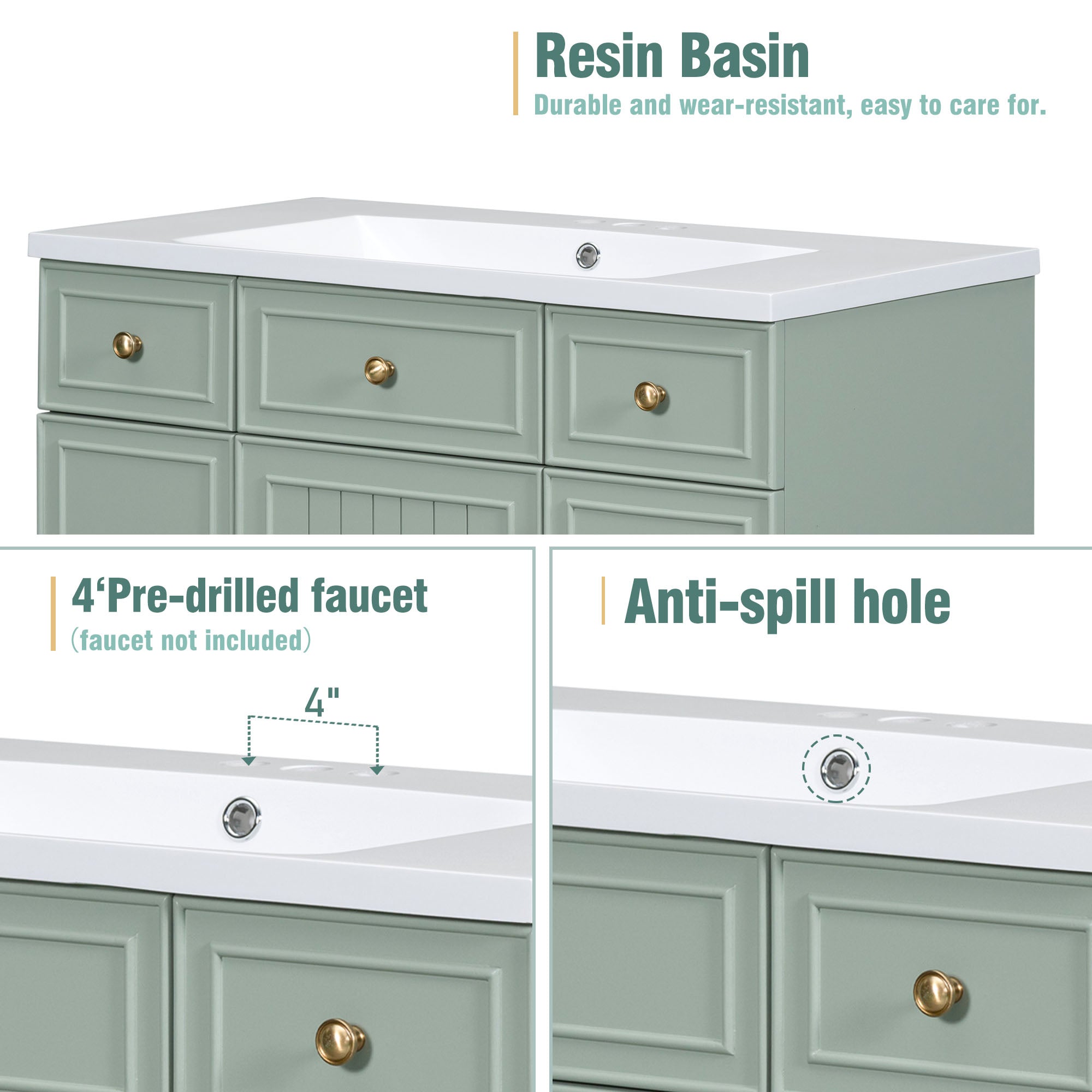 36 Inch Freestanding Bathroom Vanity with White Resin Basin and Door and Drawers
