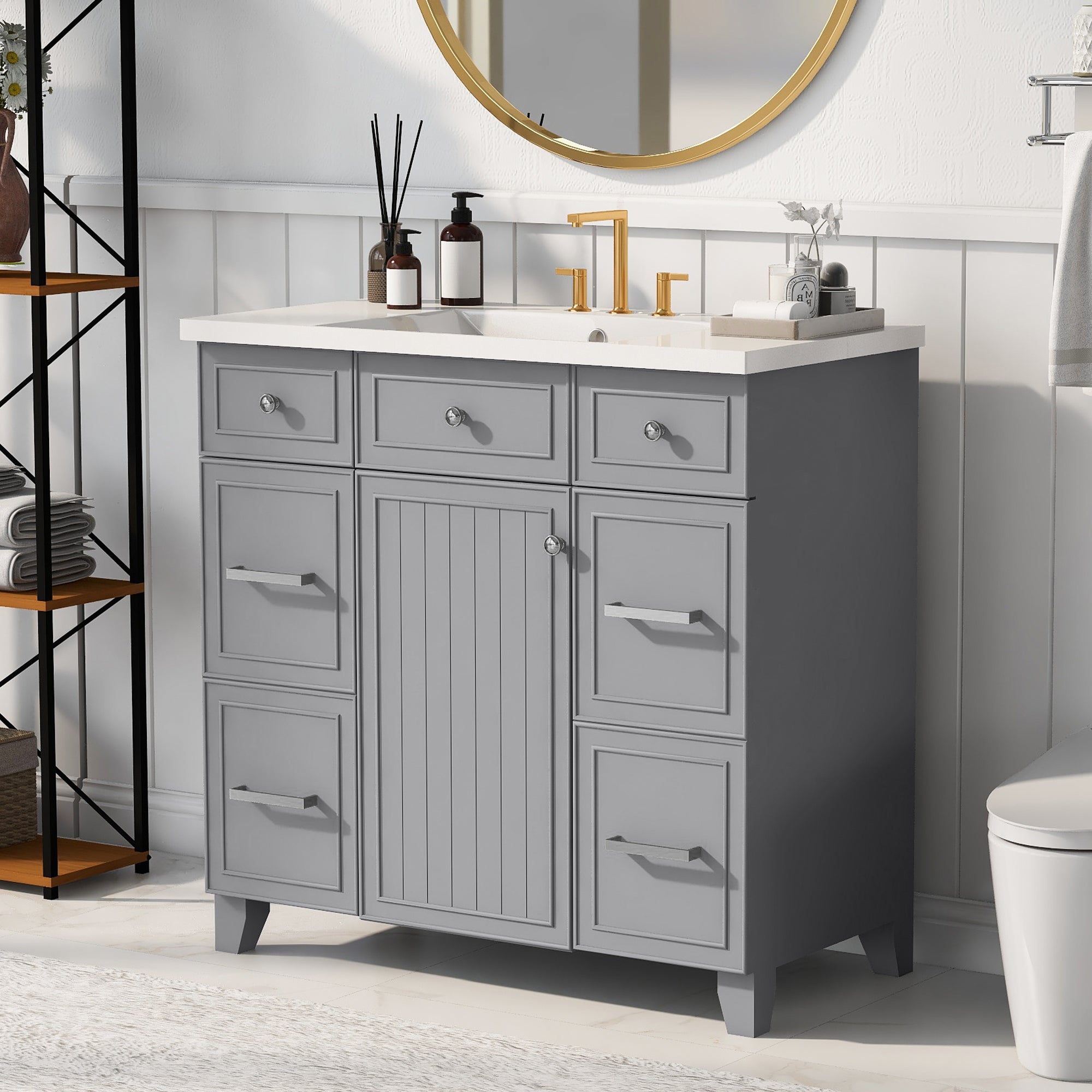 36 Inch Freestanding Bathroom Vanity with White Resin Basin and Door and Drawers