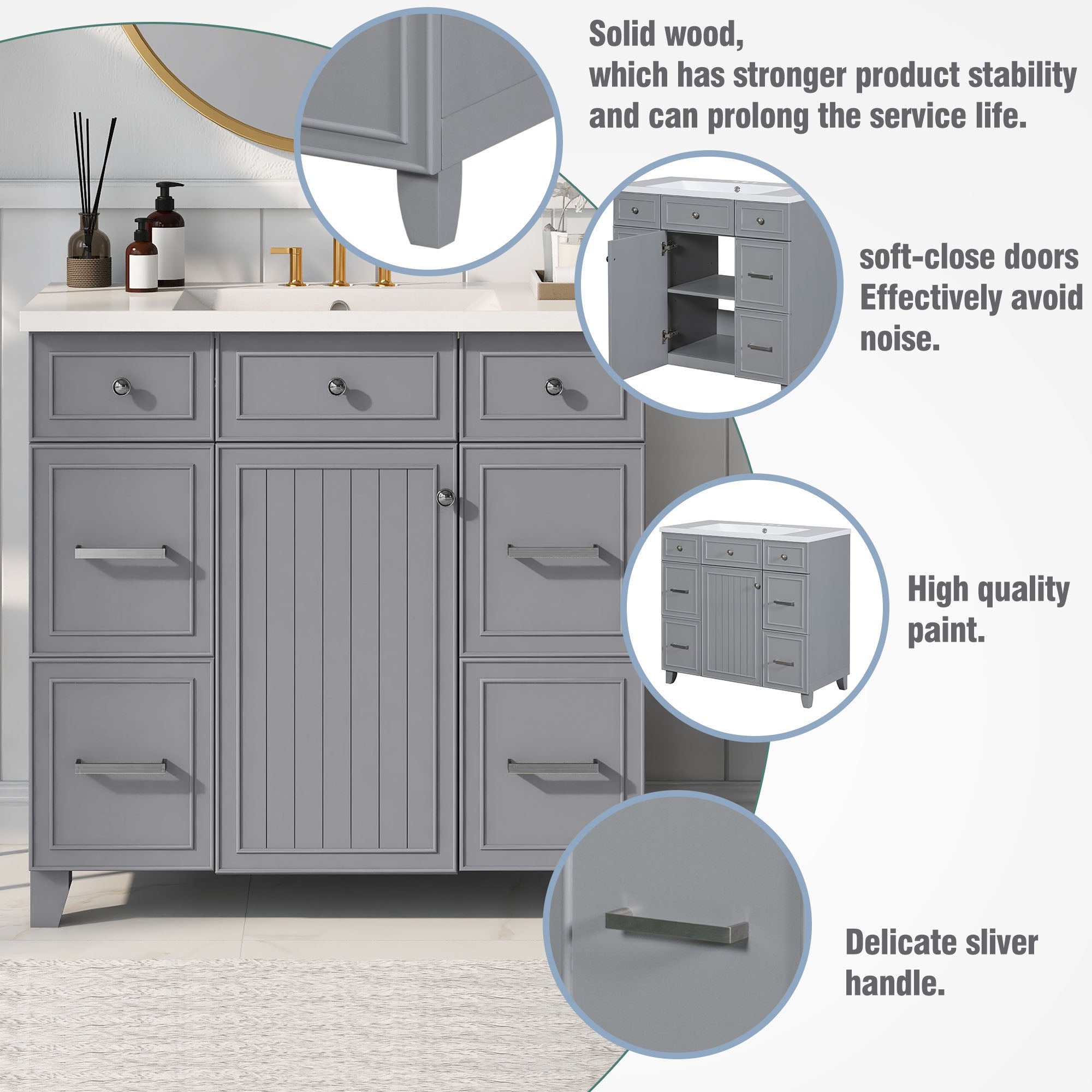 36 Inch Freestanding Bathroom Vanity with White Resin Basin and Door and Drawers