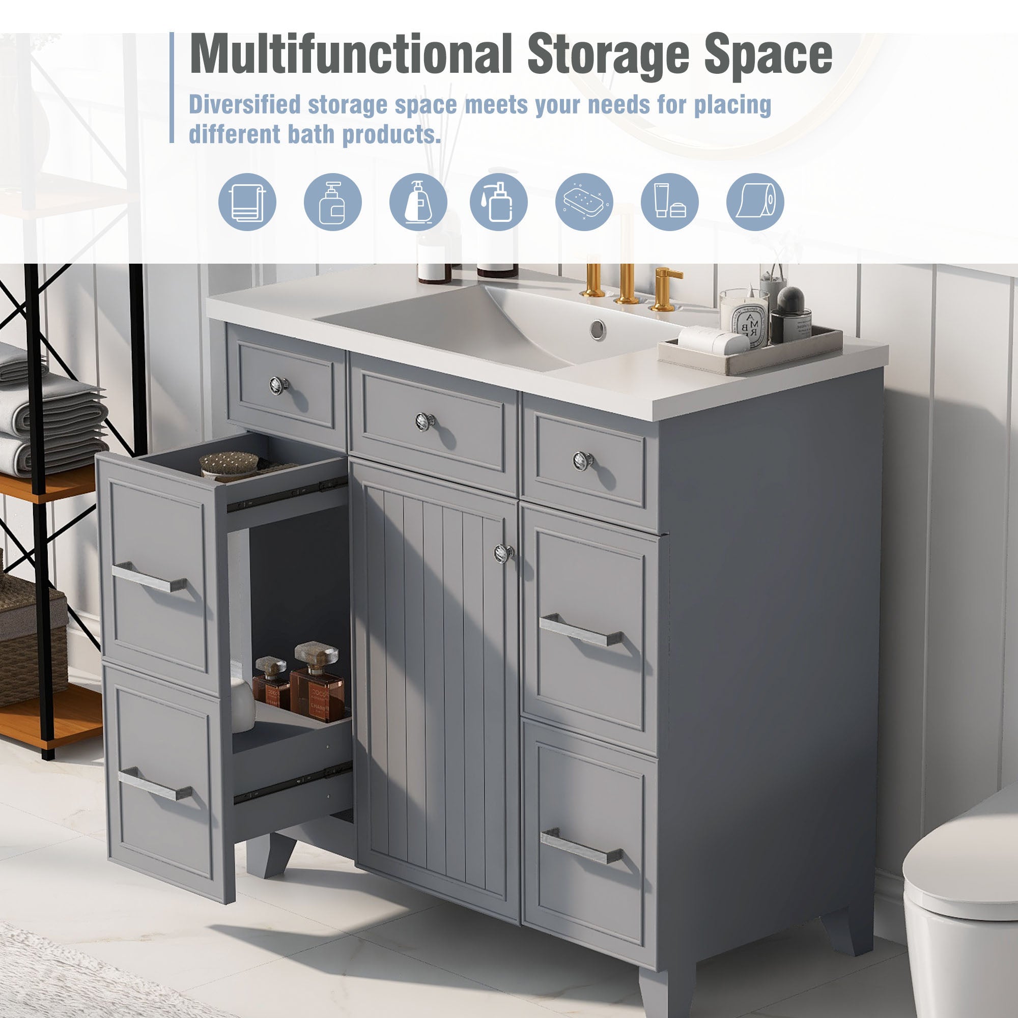 36 Inch Freestanding Bathroom Vanity with White Resin Basin and Door and Drawers