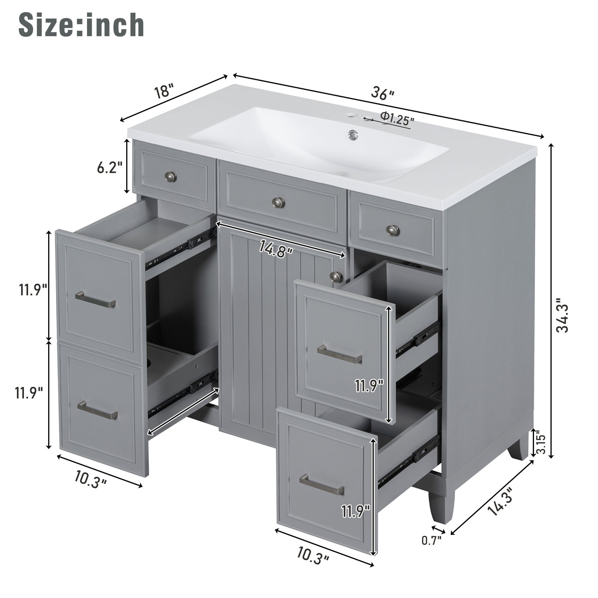 36 Inch Freestanding Bathroom Vanity with White Resin Basin and Door and Drawers