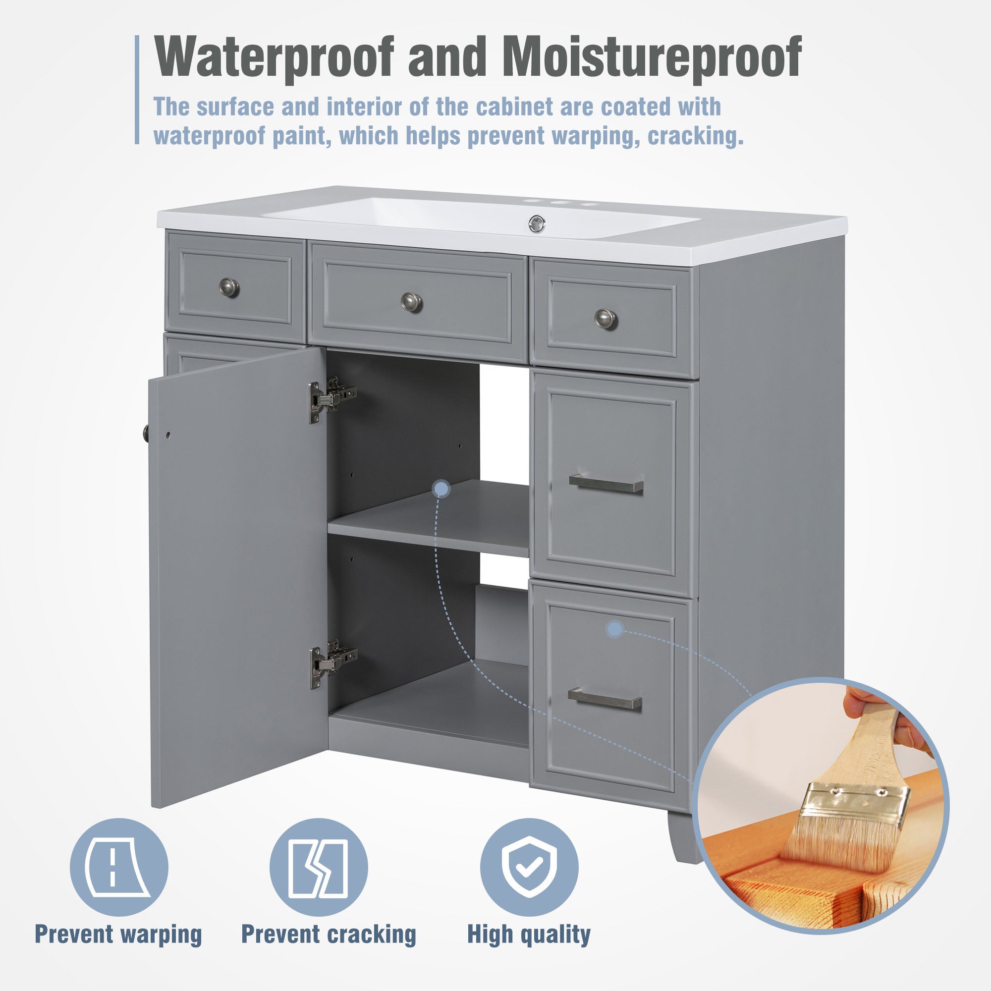 36 Inch Freestanding Bathroom Vanity with White Resin Basin and Door and Drawers