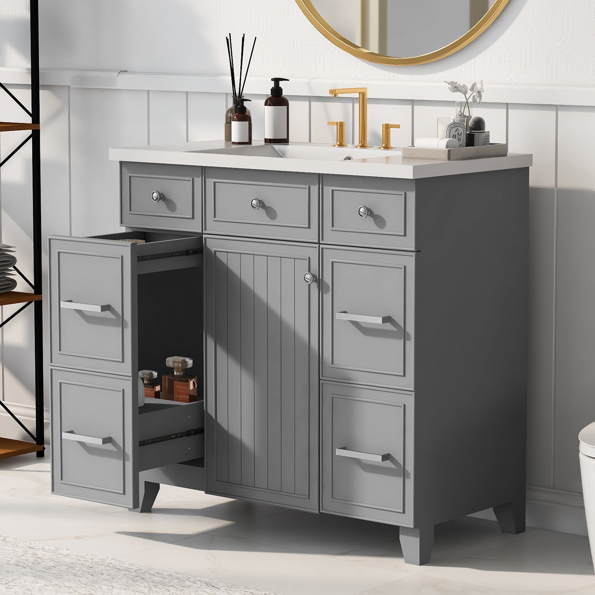 36 Inch Freestanding Bathroom Vanity with White Resin Basin and Door and Drawers