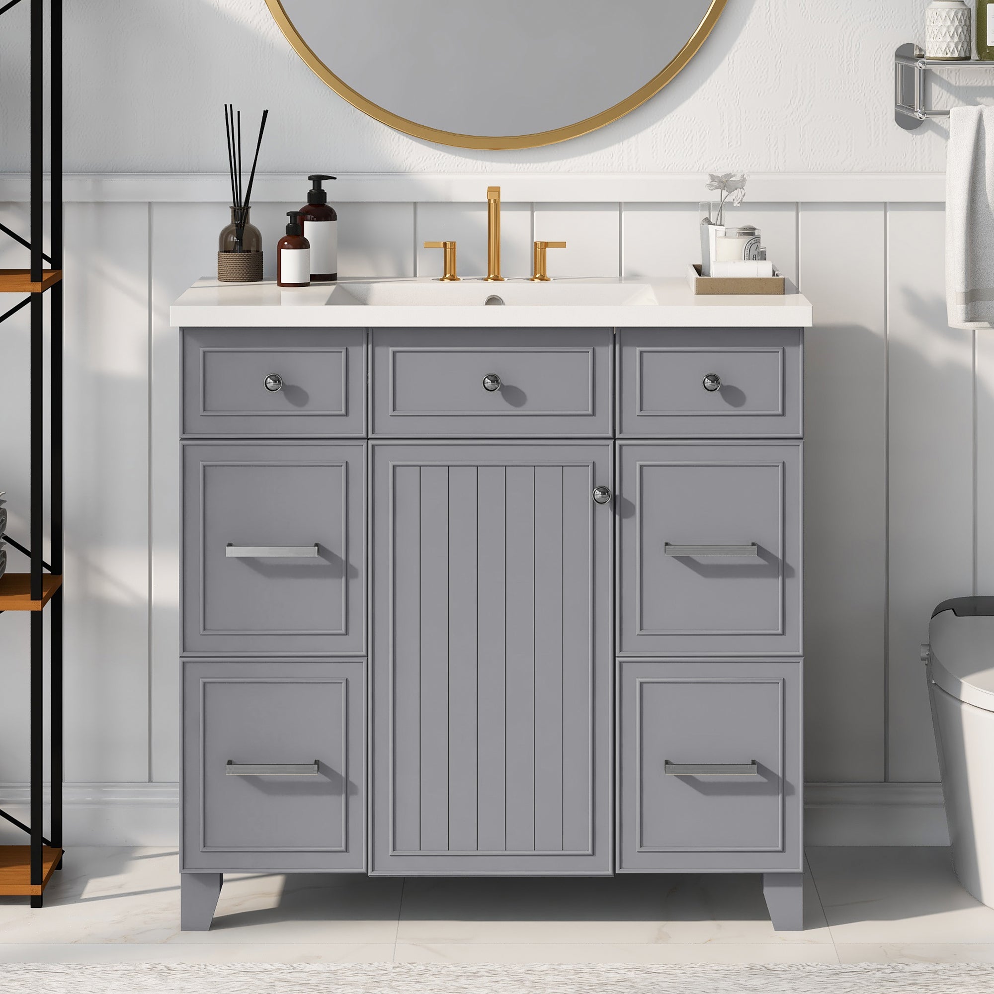 36 Inch Freestanding Bathroom Vanity with White Resin Basin and Door and Drawers
