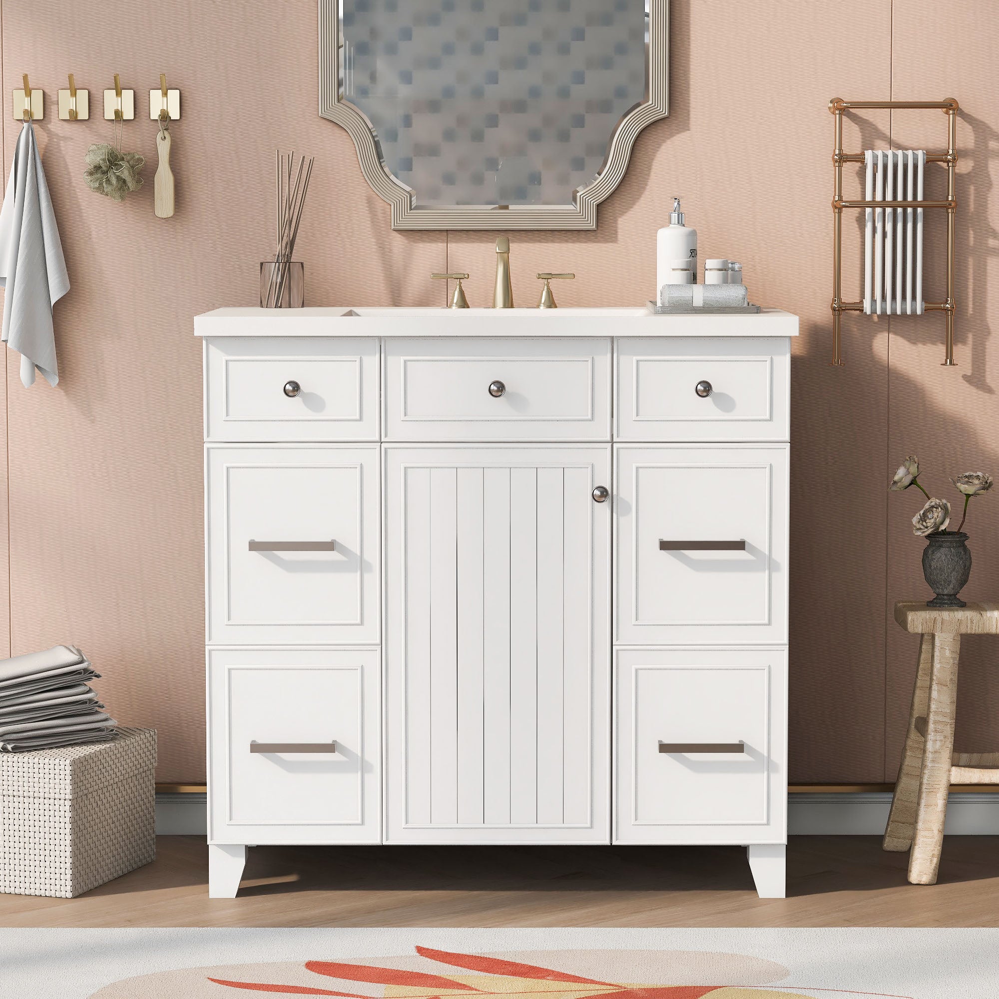 36 inch Freestanding Bath Vanity in Navy Blue with White Resin Top