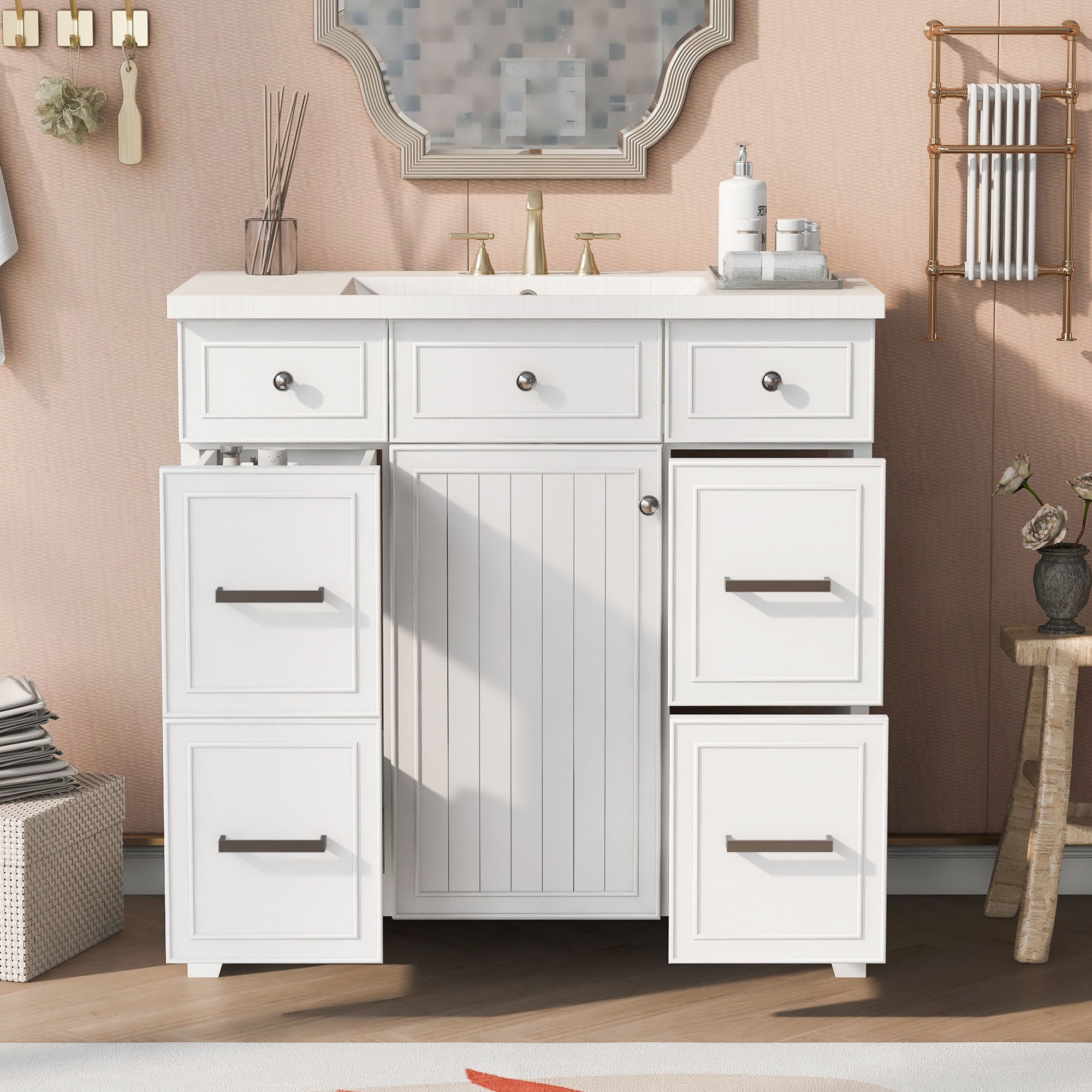 36 inch Freestanding Bath Vanity in Navy Blue with White Resin Top