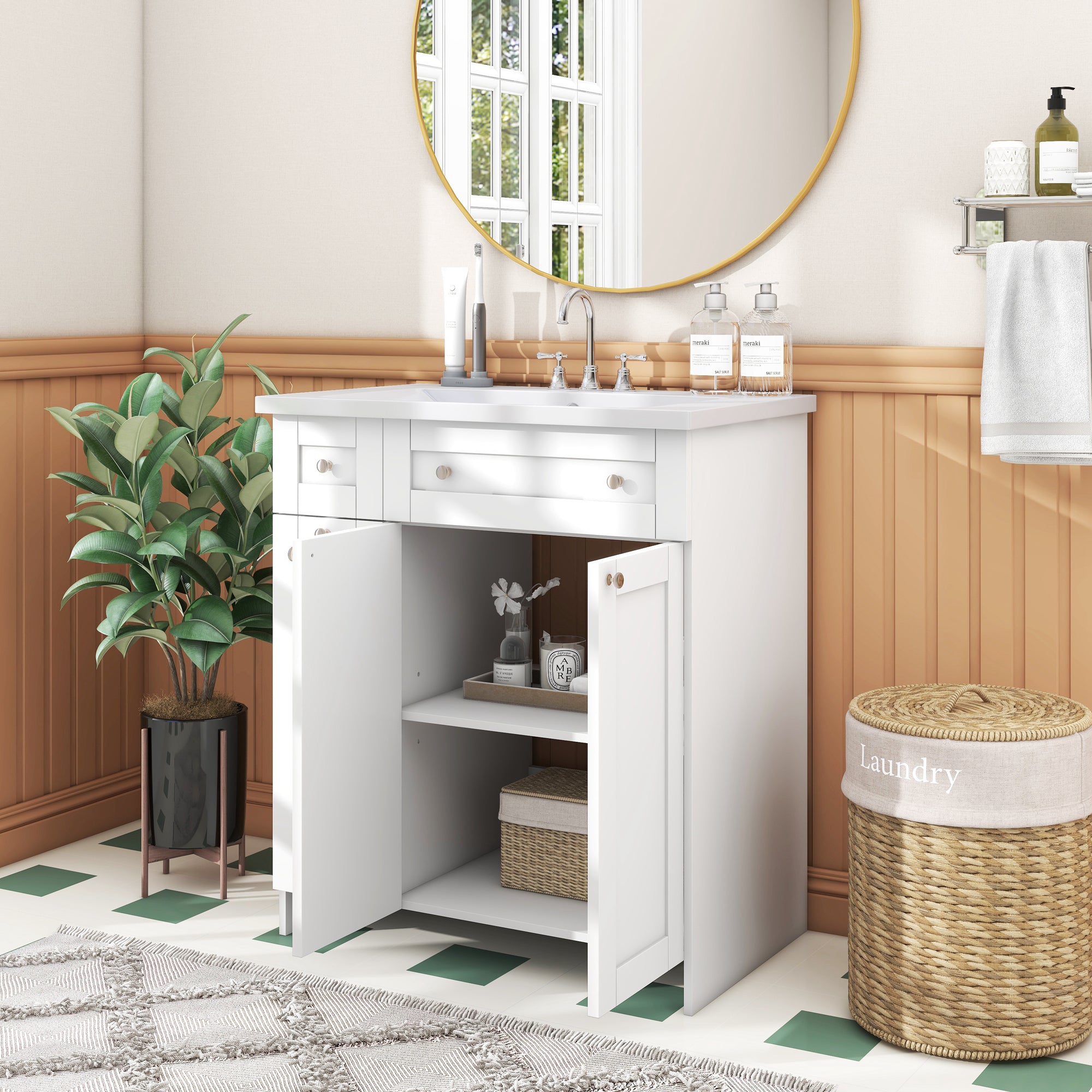 36 inch Freestanding Bath Vanity in Navy Blue with White Resin Top