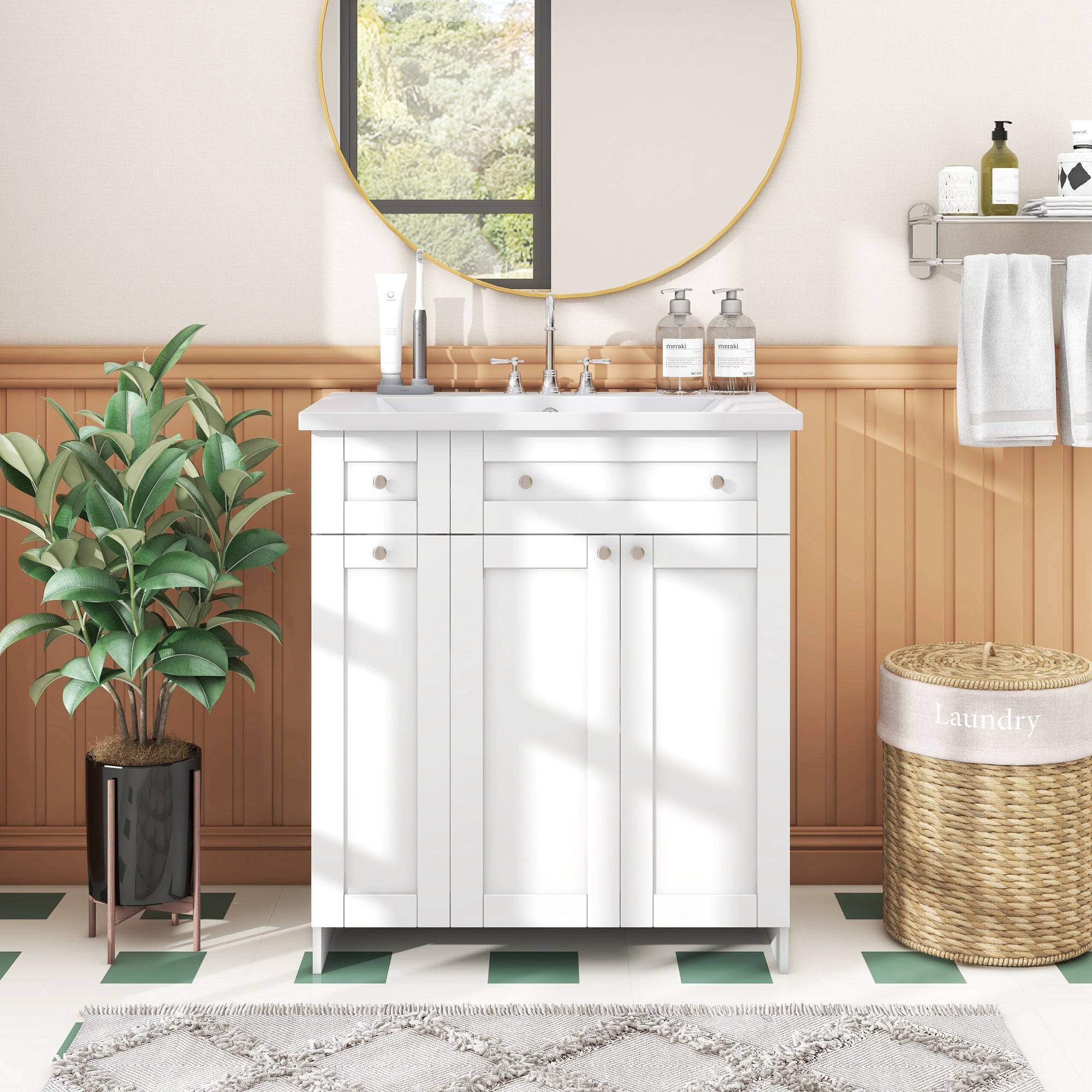 36 inch Freestanding Bath Vanity in Navy Blue with White Resin Top
