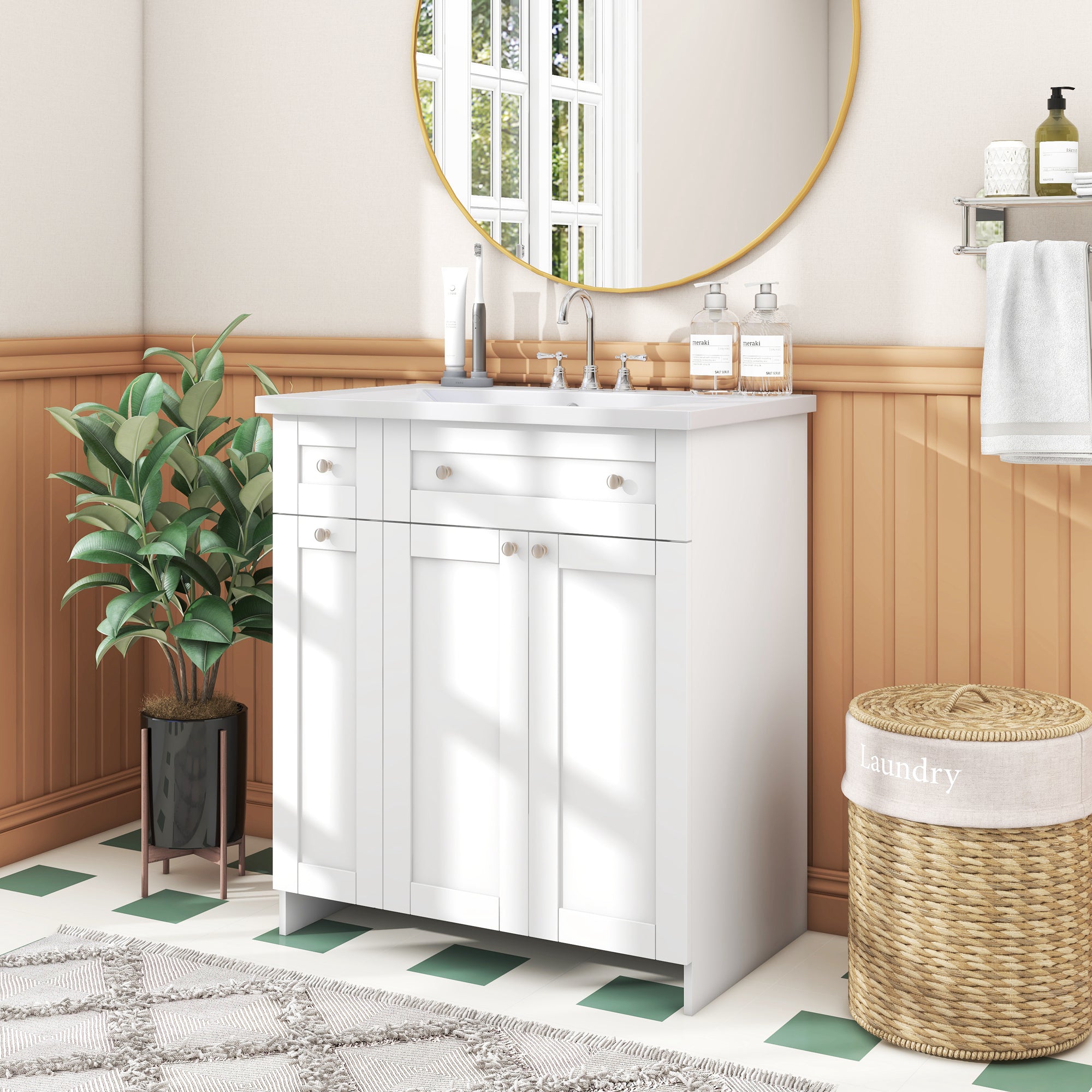 36 inch Freestanding Bath Vanity in Navy Blue with White Resin Top