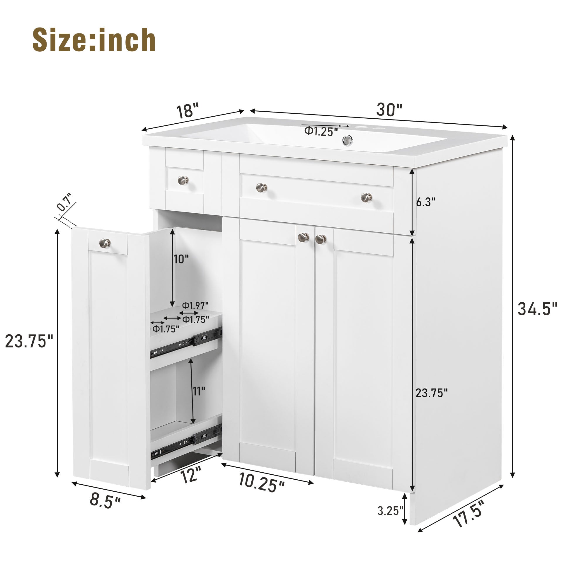 36 inch Freestanding Bath Vanity in Navy Blue with White Resin Top