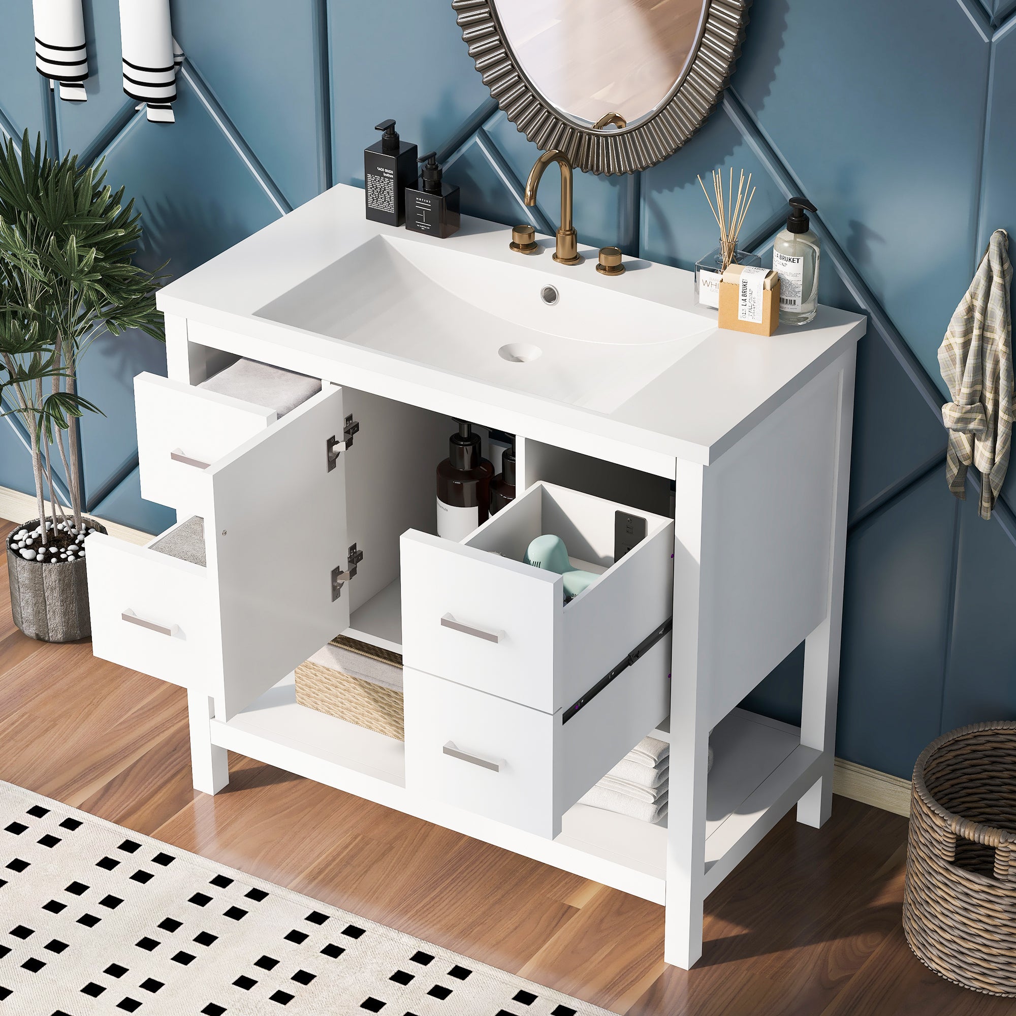 36 Inch MDF Freestanding Bathroom Vanity with Resin Basin and Drawers