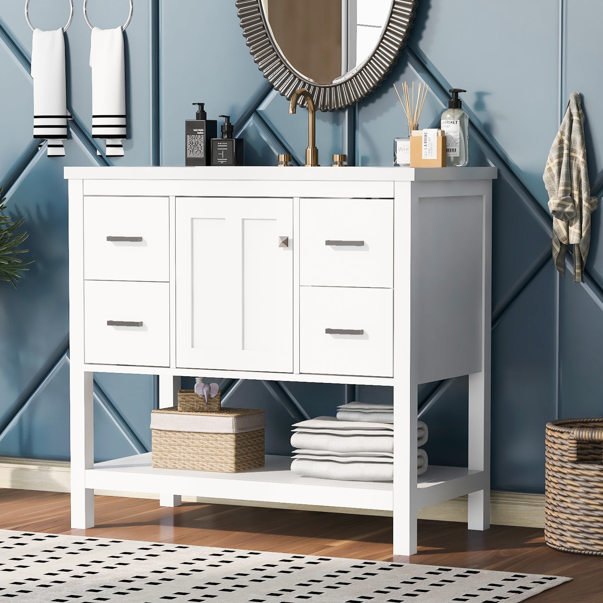 36 Inch MDF Freestanding Bathroom Vanity with Resin Basin and Drawers