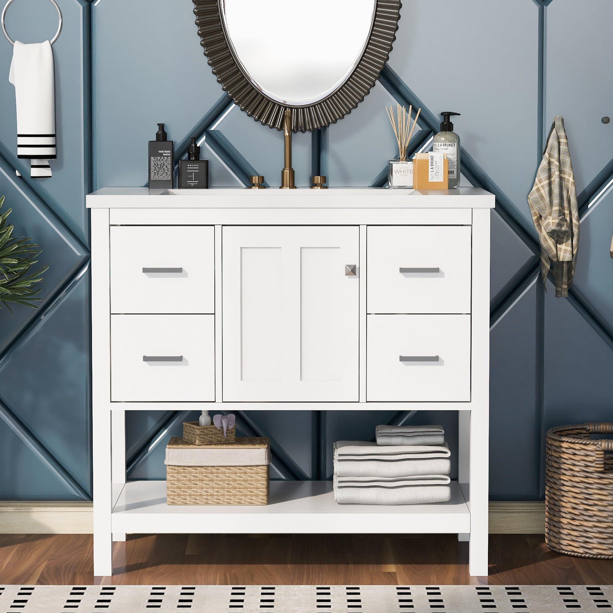36 Inch MDF Freestanding Bathroom Vanity with Resin Basin and Drawers