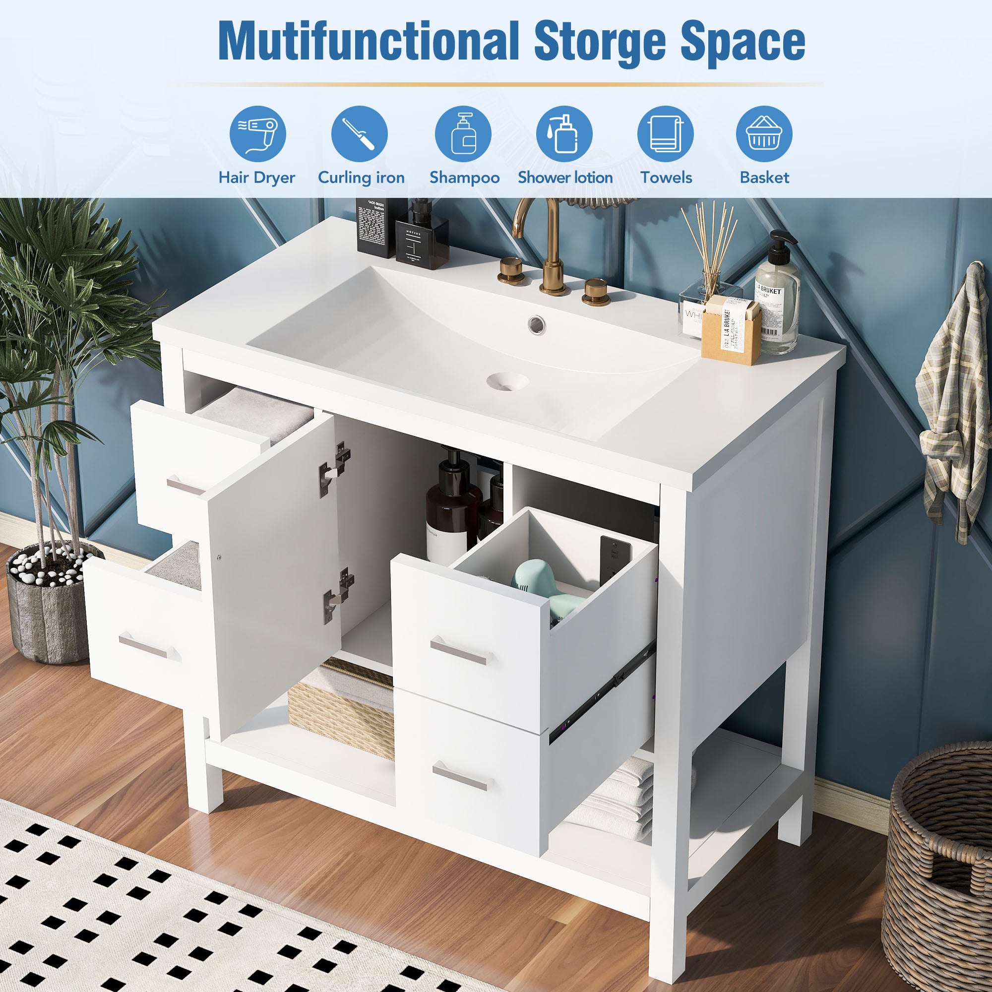 36 Inch MDF Freestanding Bathroom Vanity with Resin Basin and Drawers