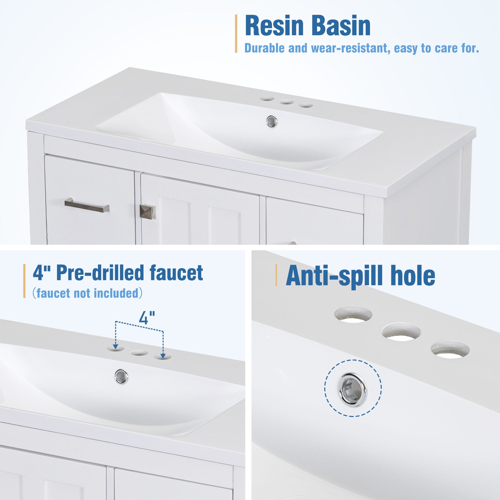 36 Inch MDF Freestanding Bathroom Vanity with Resin Basin and Drawers